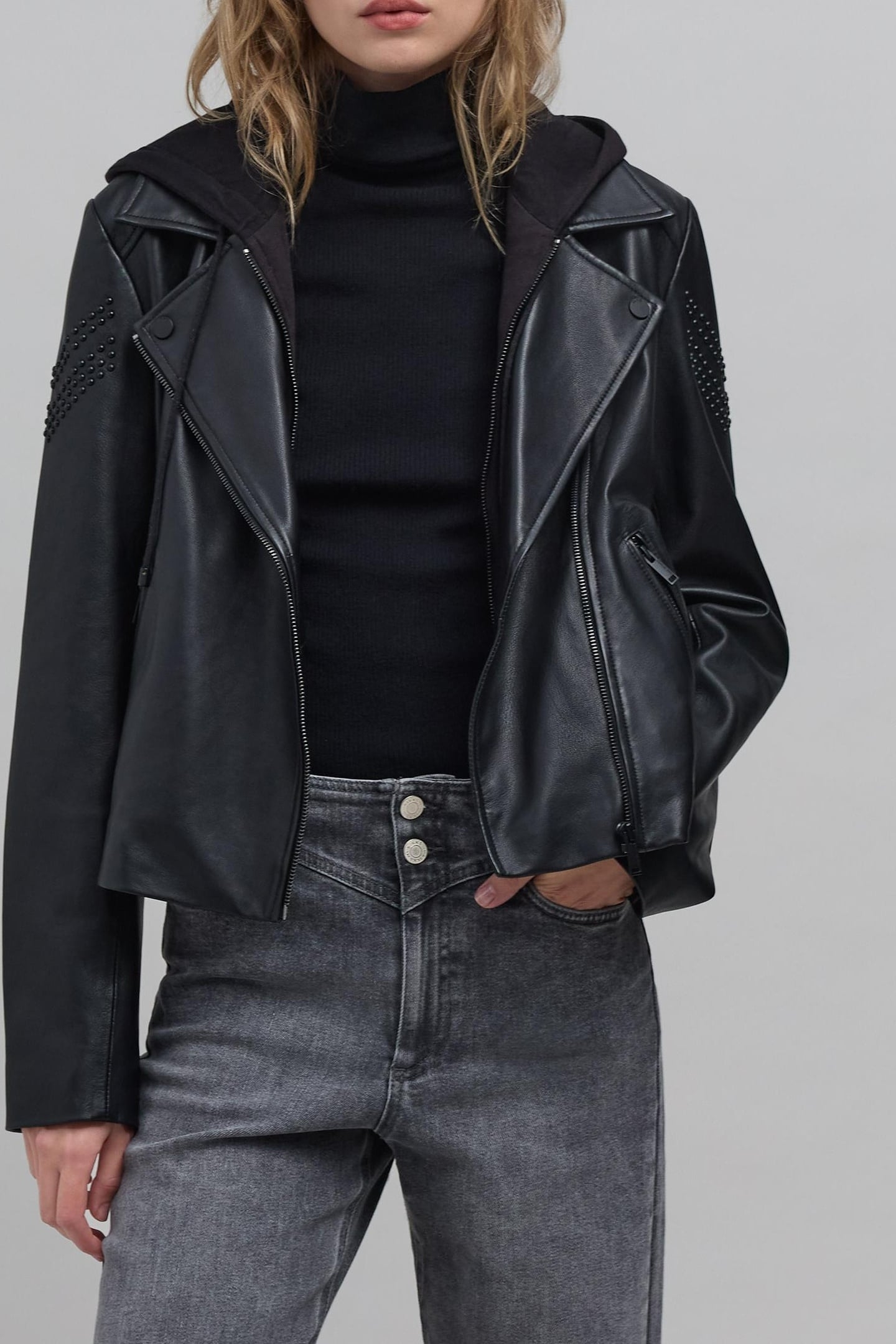 BLACK LEATHER BIKER JACKET WITH STUDS 2