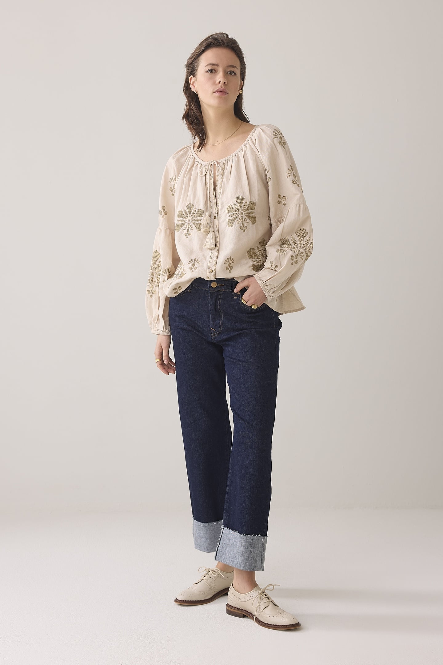 LONG SLEEVE TOP LINEN HEAVY EMBROIDERY PEBBLE BEIGE 1