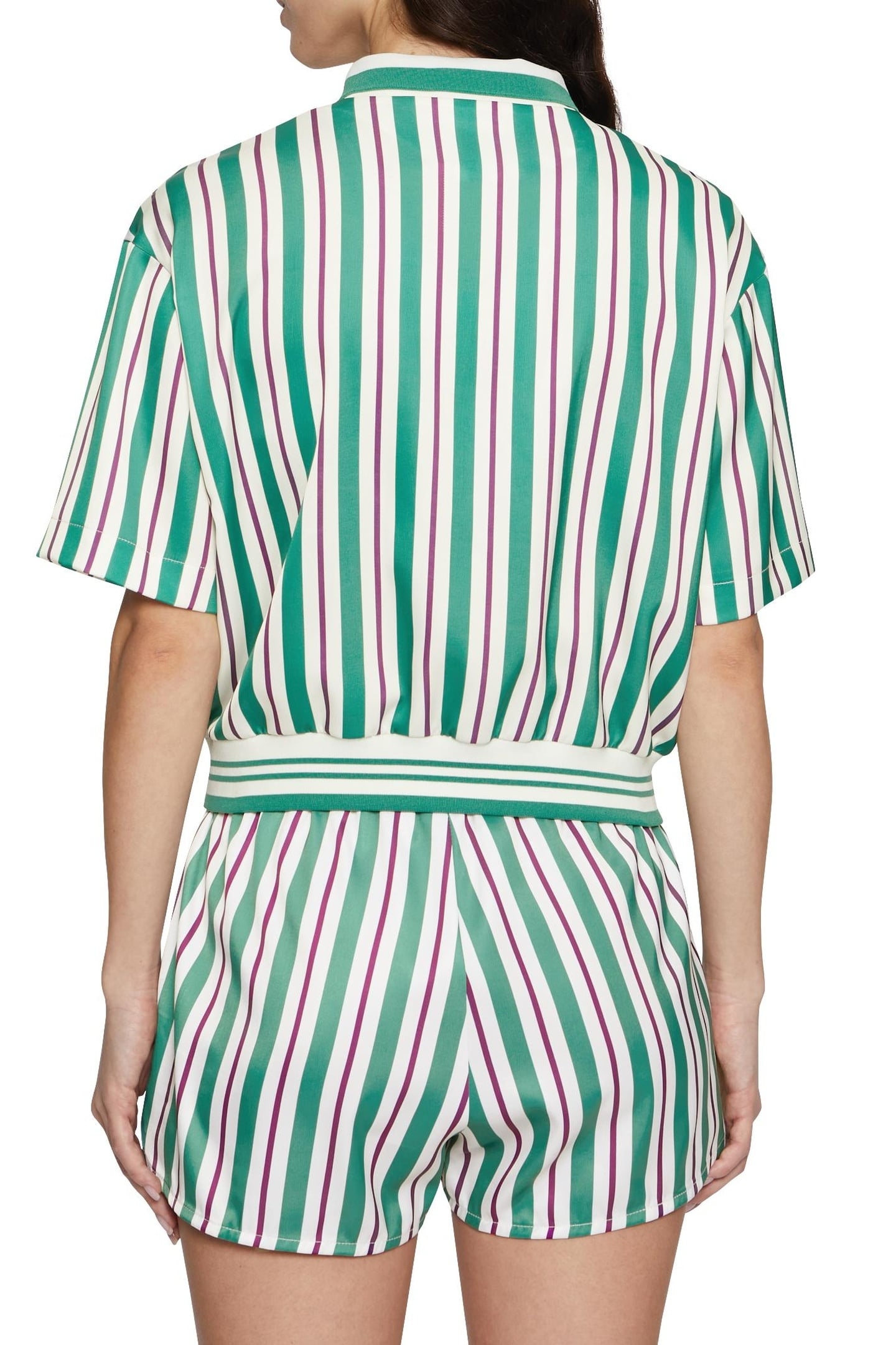 LASSANCE STRIPED CROPPED SATIN POLO FULL-ZIP SHIRT ANTIQUE W 2