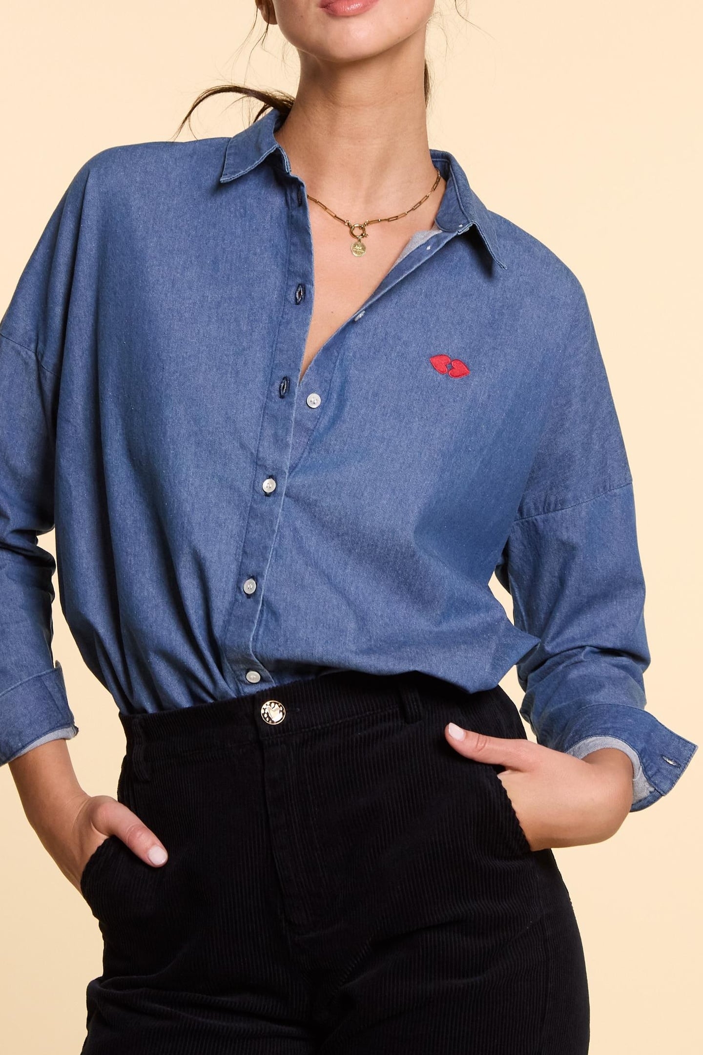 AUTHENTIC BLUE DENIM SHIRT WITH HEART EMBROIDERY AUTHENTIC B 1