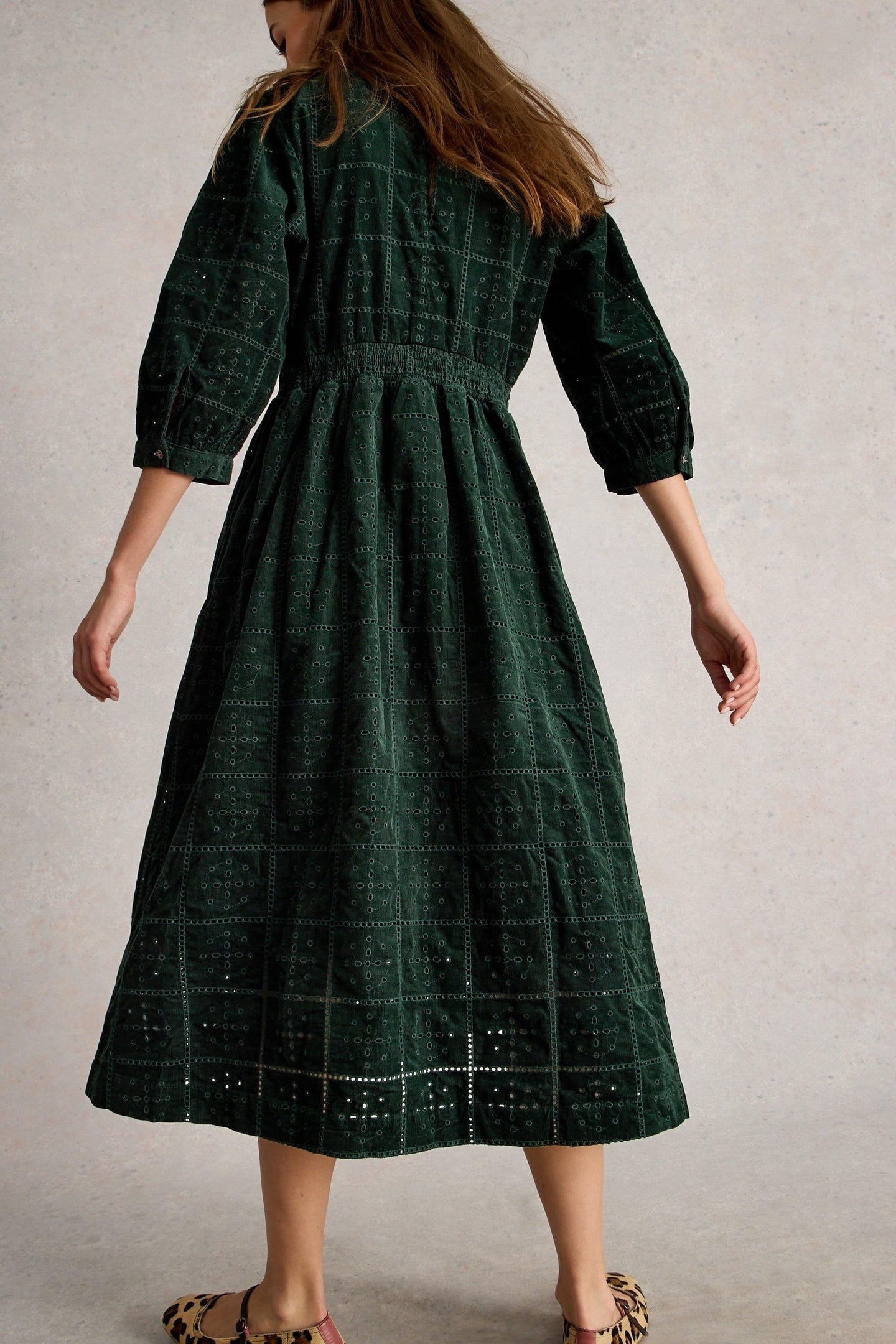 LUCY EMBROIDERED CORD DRESS DARK GREEN 3
