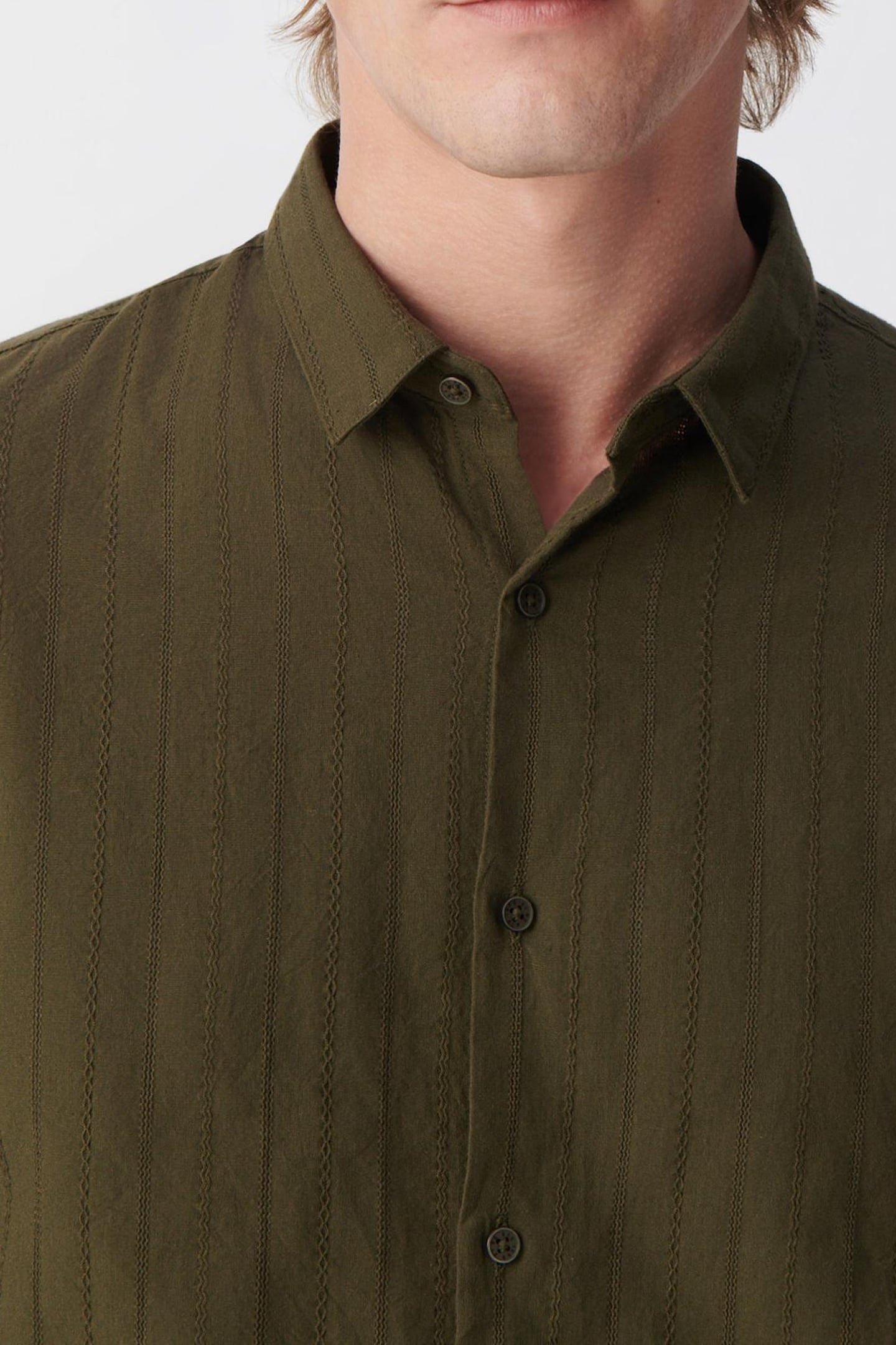 KHAKI ORGANIC COTTON SLIM SHIRT, STRIPED EMBROIDERY 6