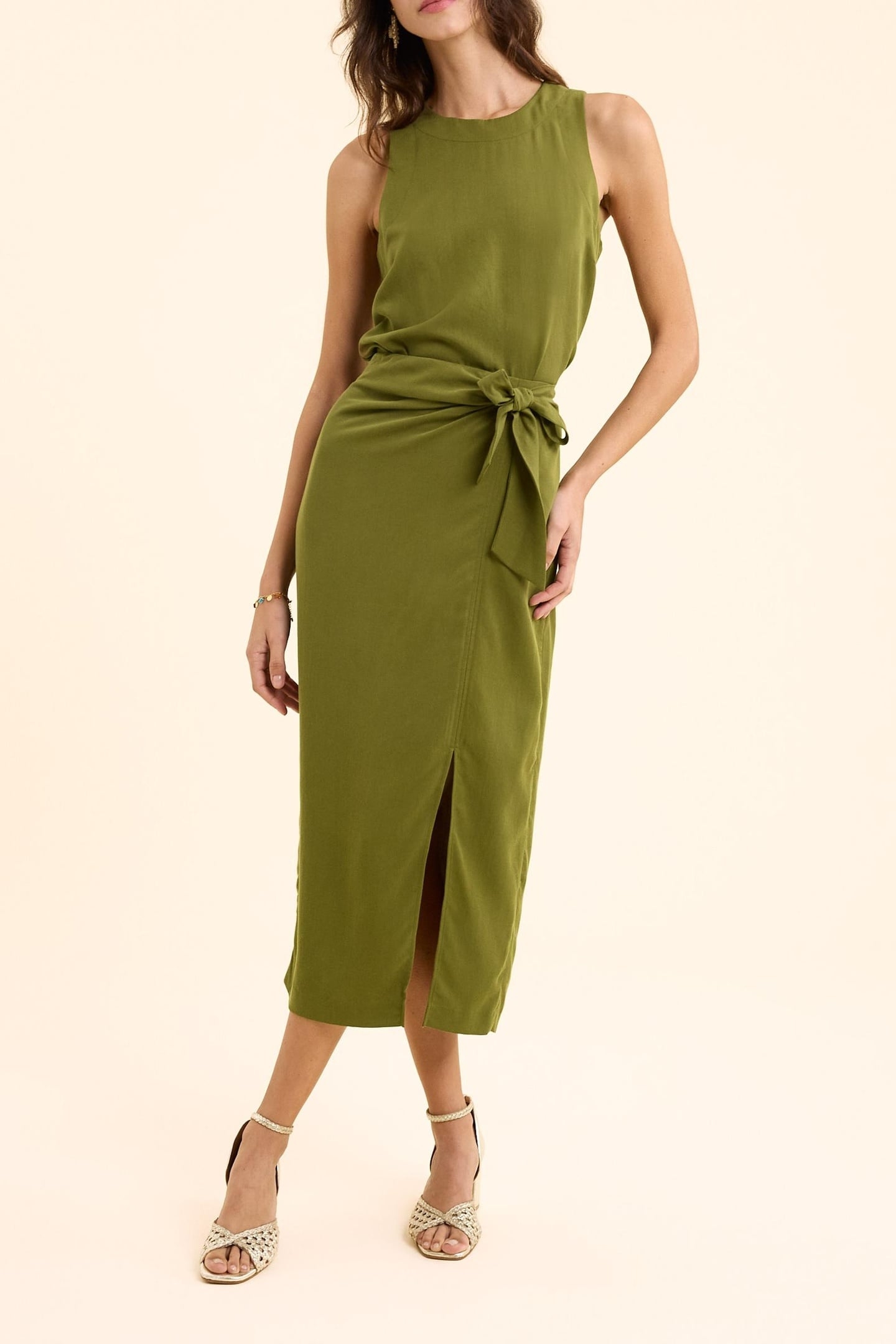 FLOWY KHAKI MIDI SKIRT WITH SIDE TIE KHAKI 1