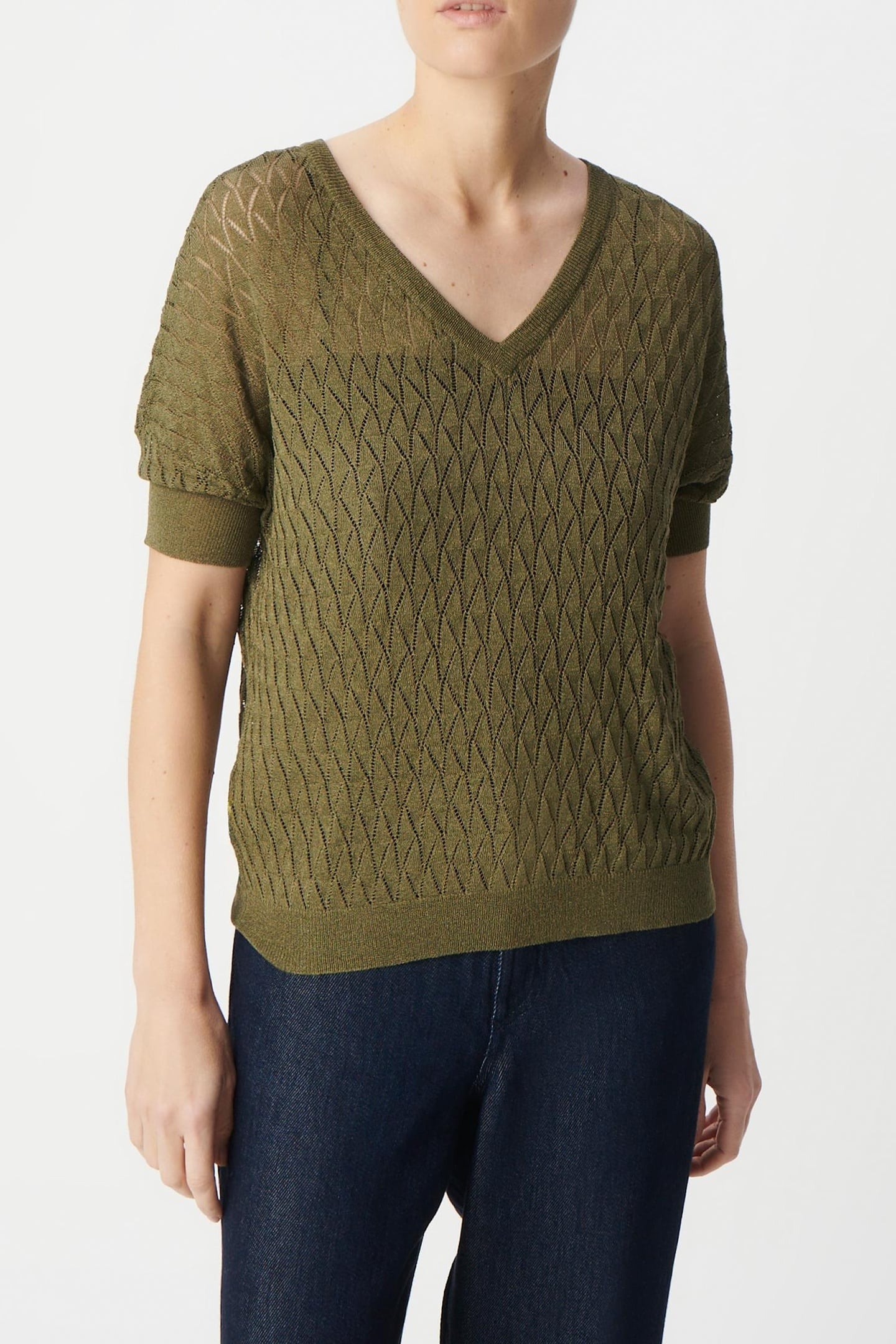 KHAKI KNITTED LUREX OPENWORK V-NECK SWEATER 3