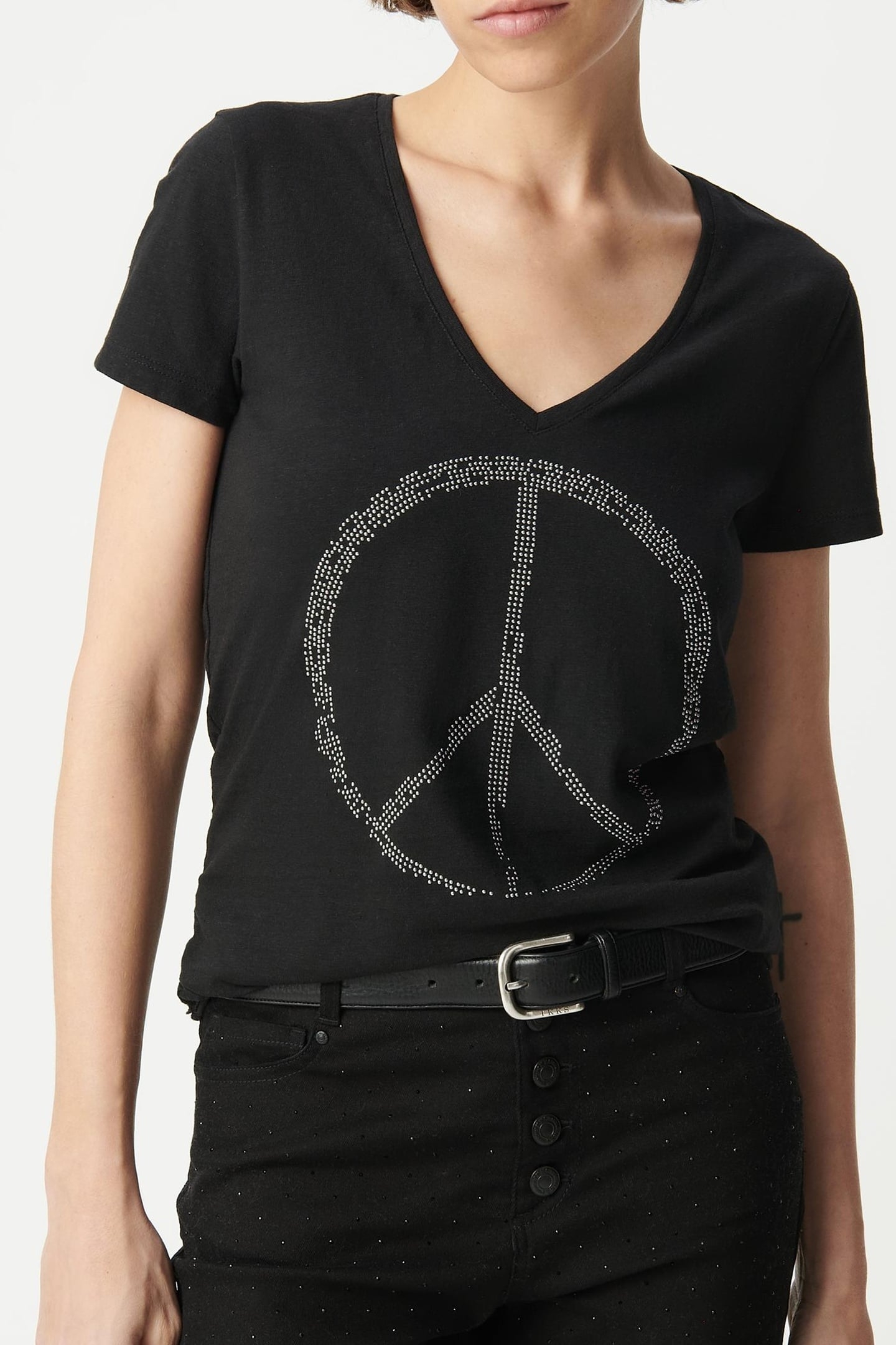 BLACK ORGANIC COTTON PEACE AND LOVE STUDDED TEE-SHIRT 2