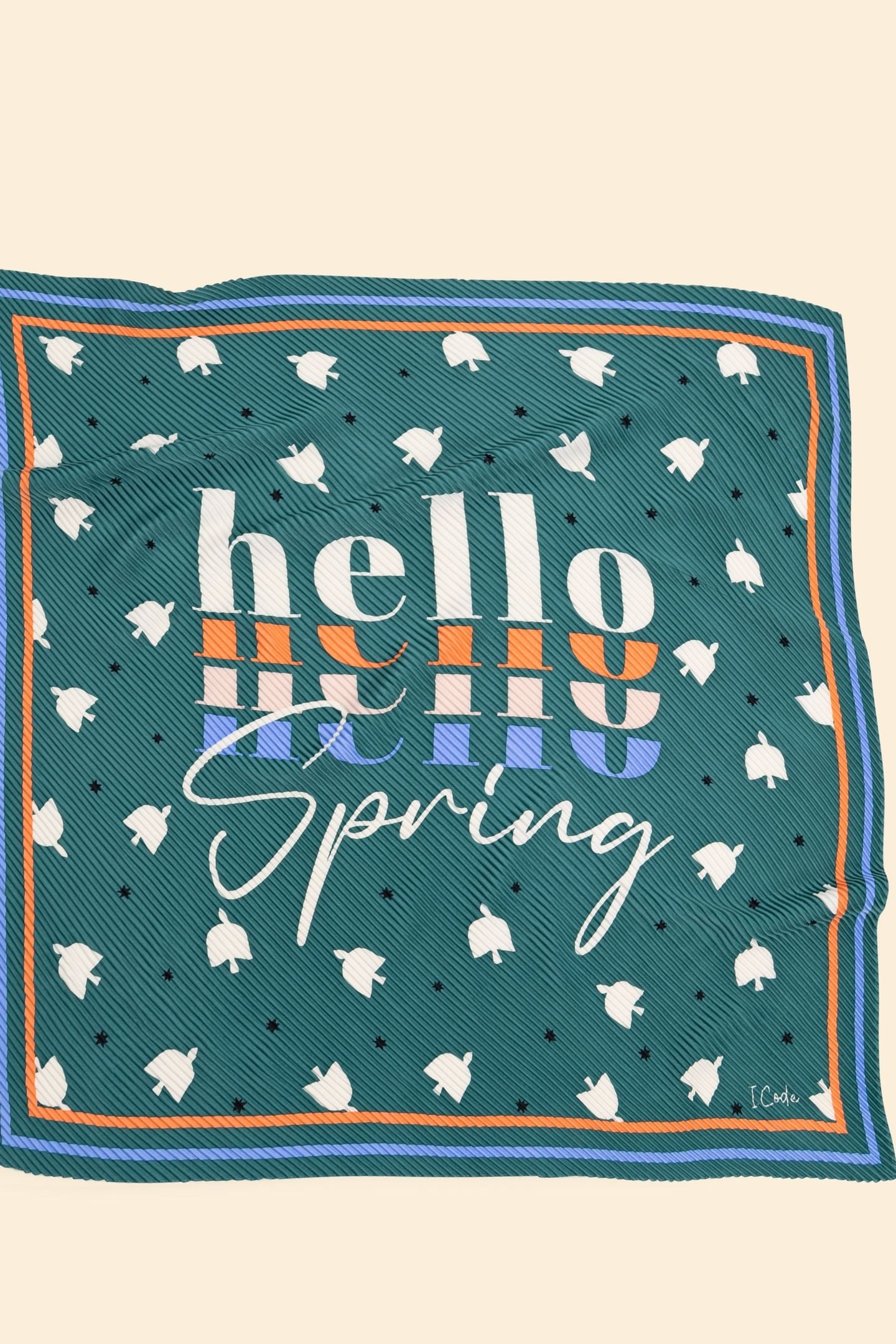 GREEN PLEATED SQUARE SCARF MAXI BIRDS AND MESSAGE GREEN 2