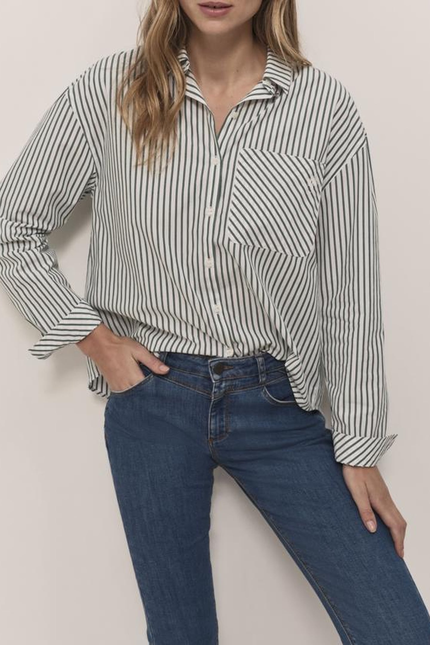 CELESTE - ECRU POPLIN SHIRT WITH EVERGREEN STRIPE PATTERN 1