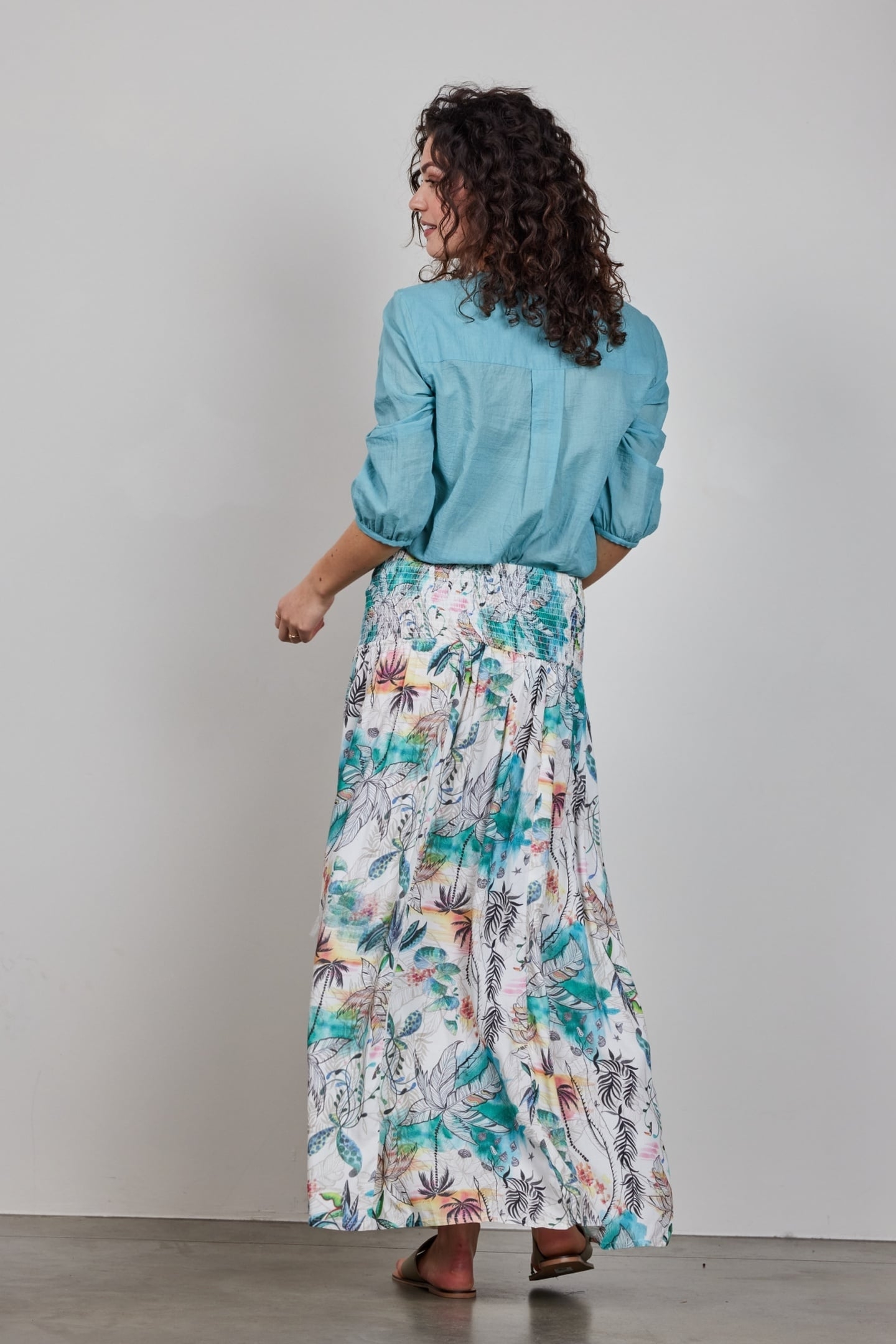 SMOCKED SKIRT MAGIC IN OFFWHITE WITH PALM FESTIVAL PRINT 4