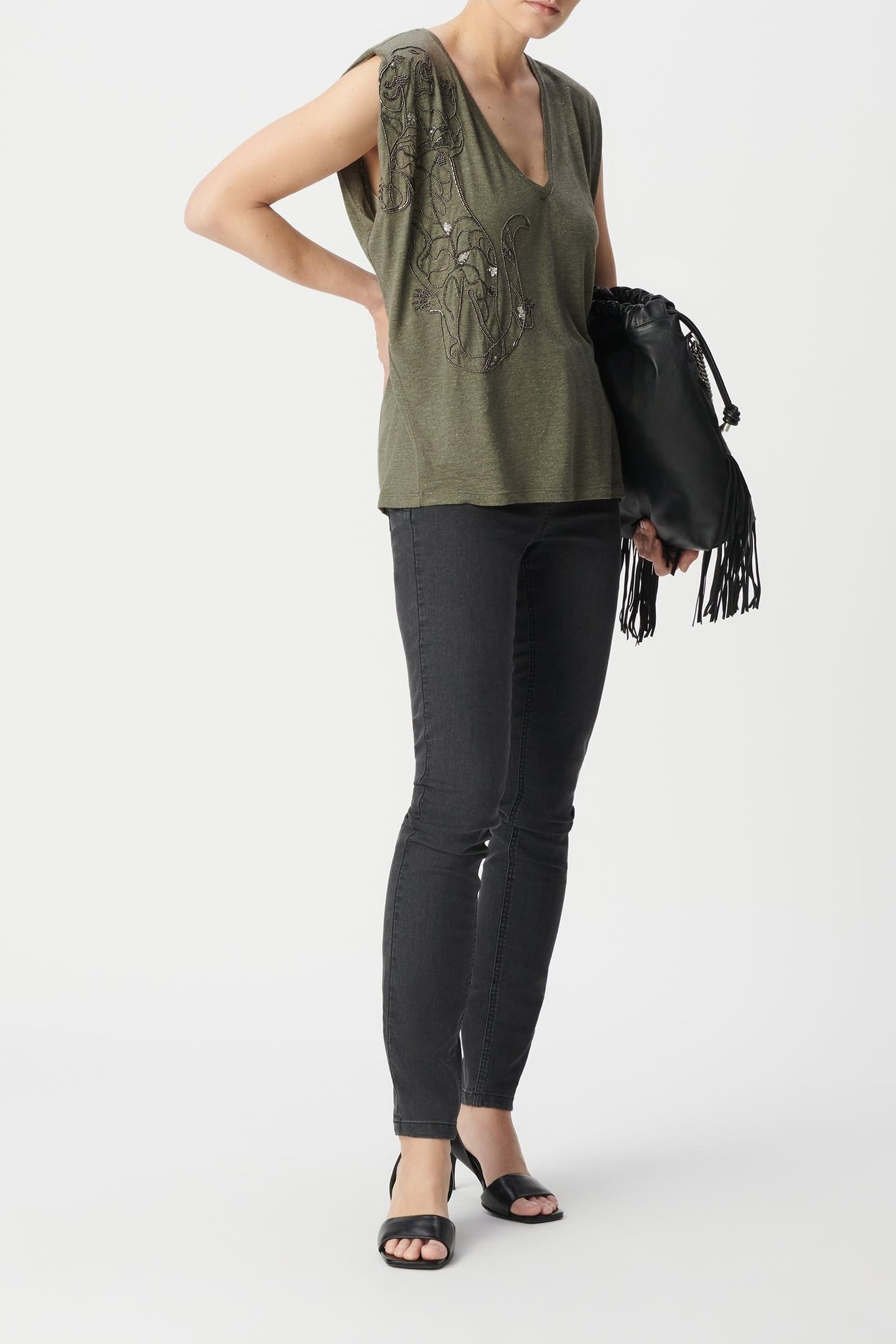 KHAKI V-NECK T-SHIRT WITH TIGER EMBROIDERY 1
