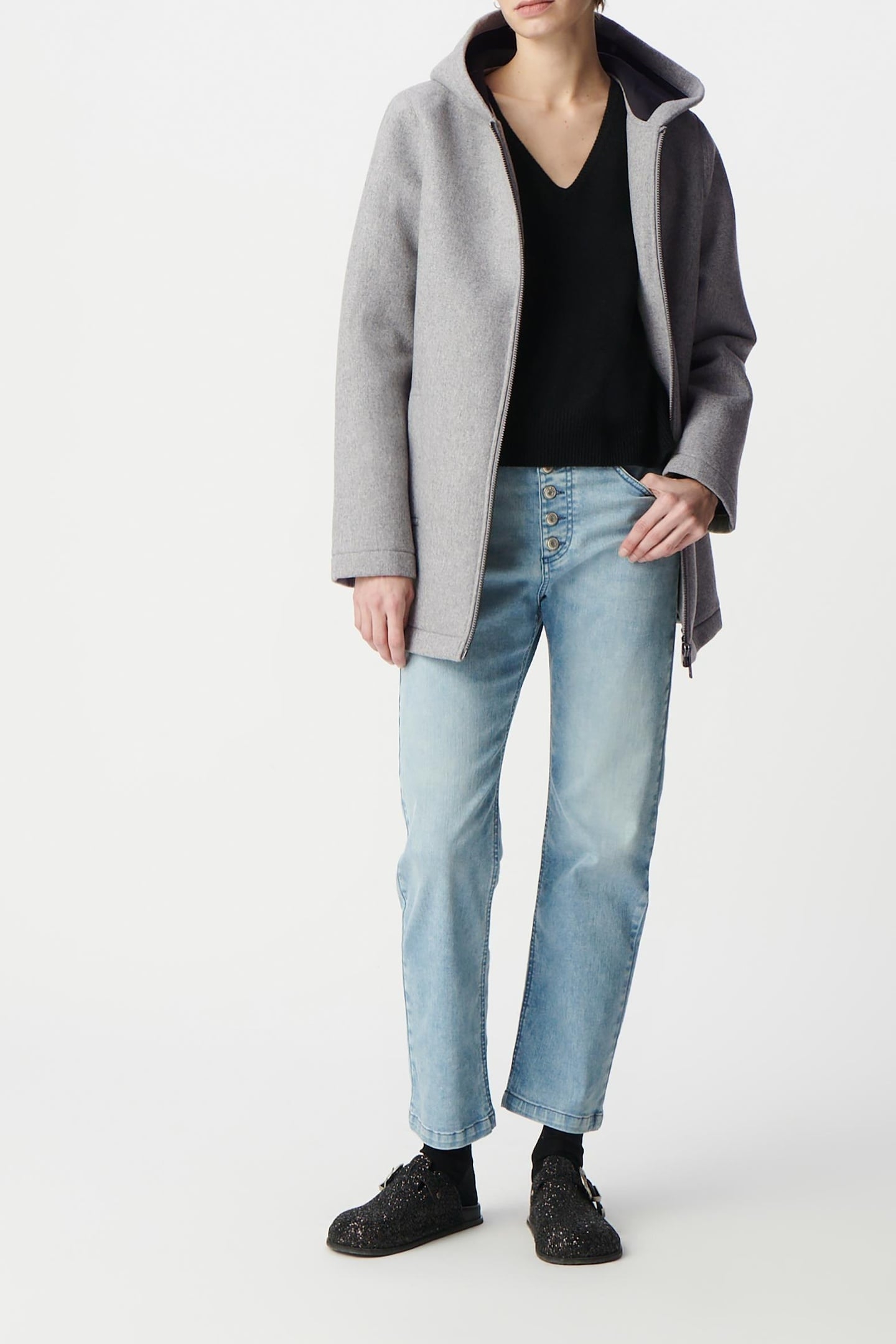 GREY WOOL FLANNEL HOODED COAT 1