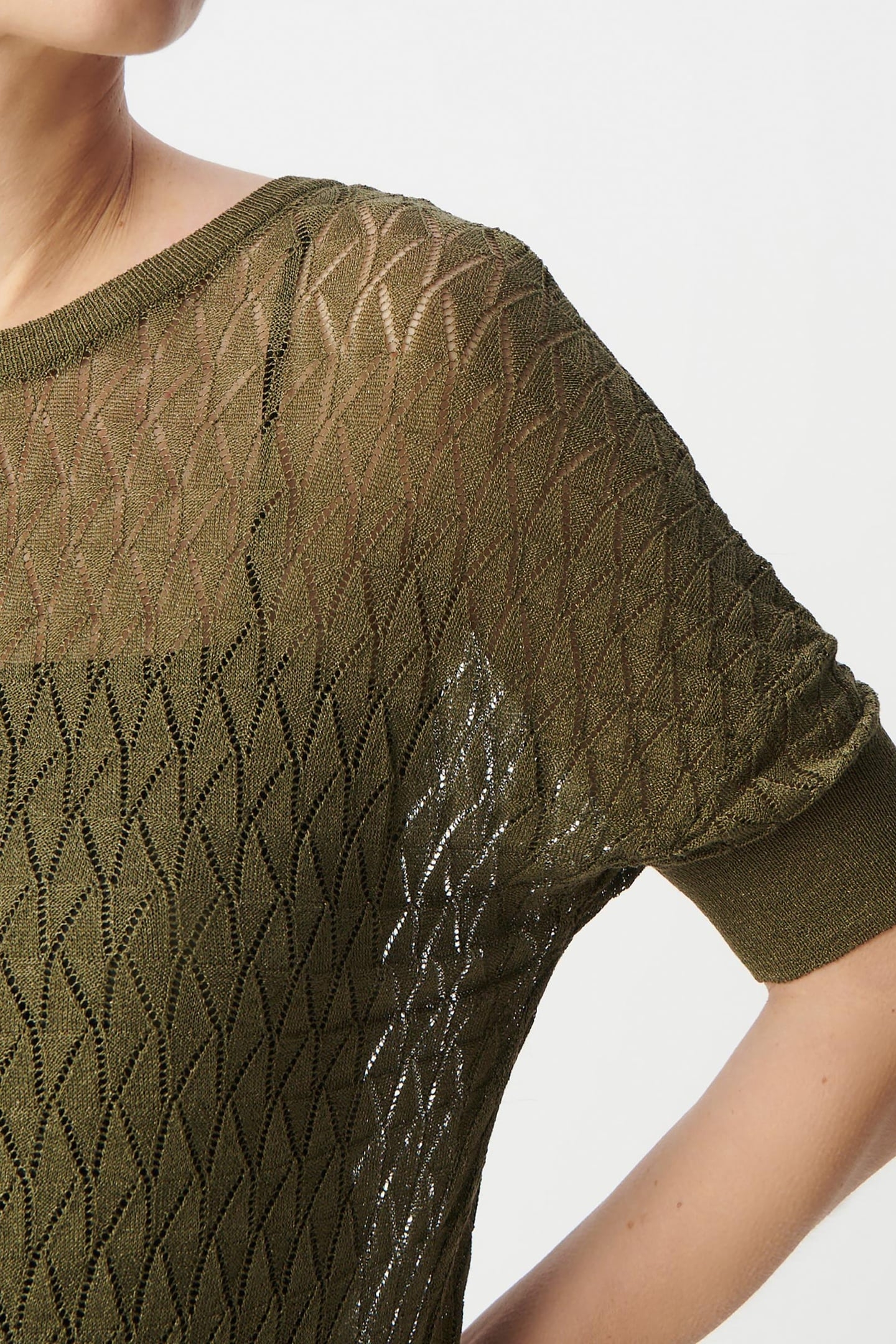 KHAKI KNITTED LUREX OPENWORK V-NECK SWEATER 7
