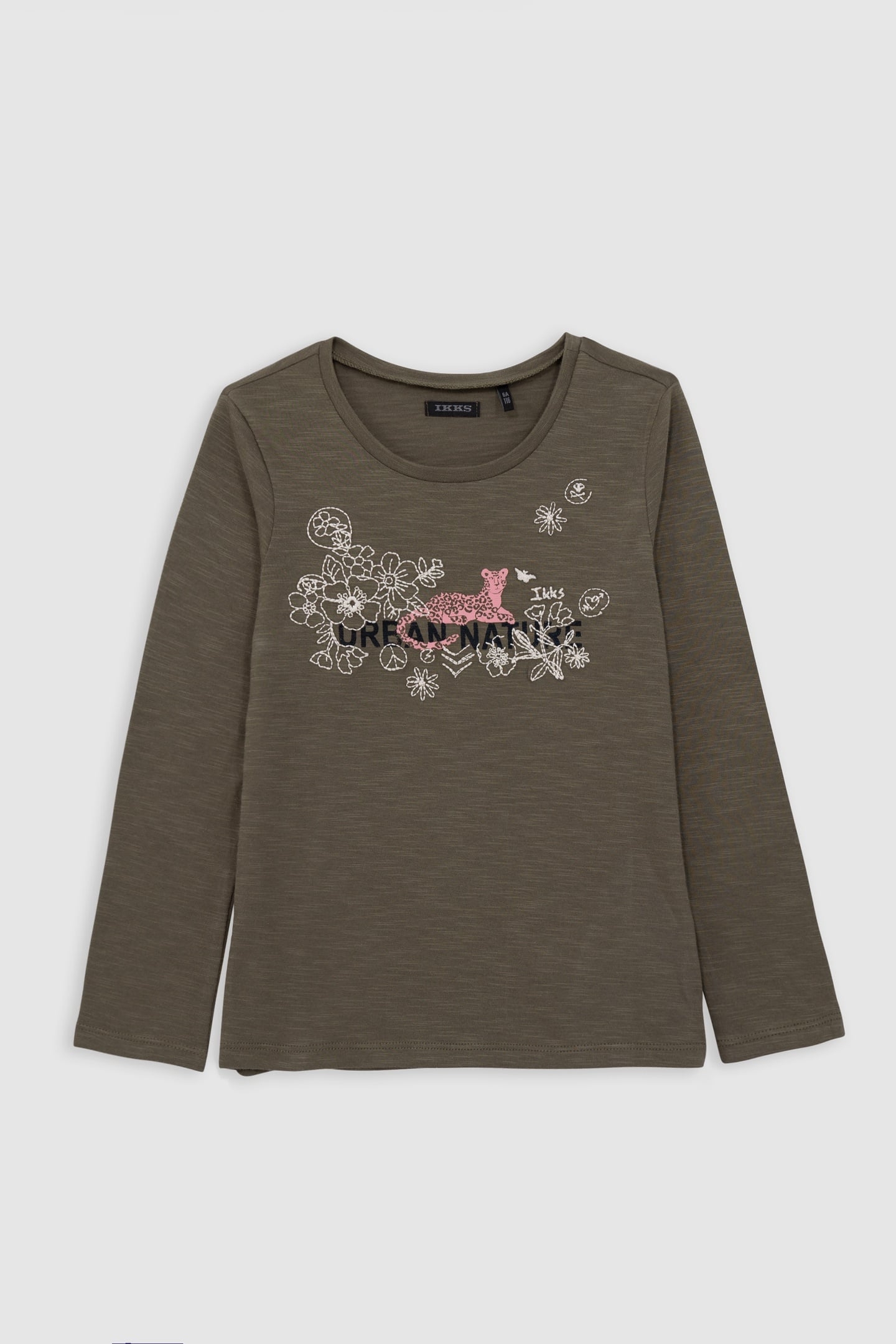 GIRL'S KHAKI ORGANIC COTTON FLOWERS & LEOPARD T-SHIRT 1