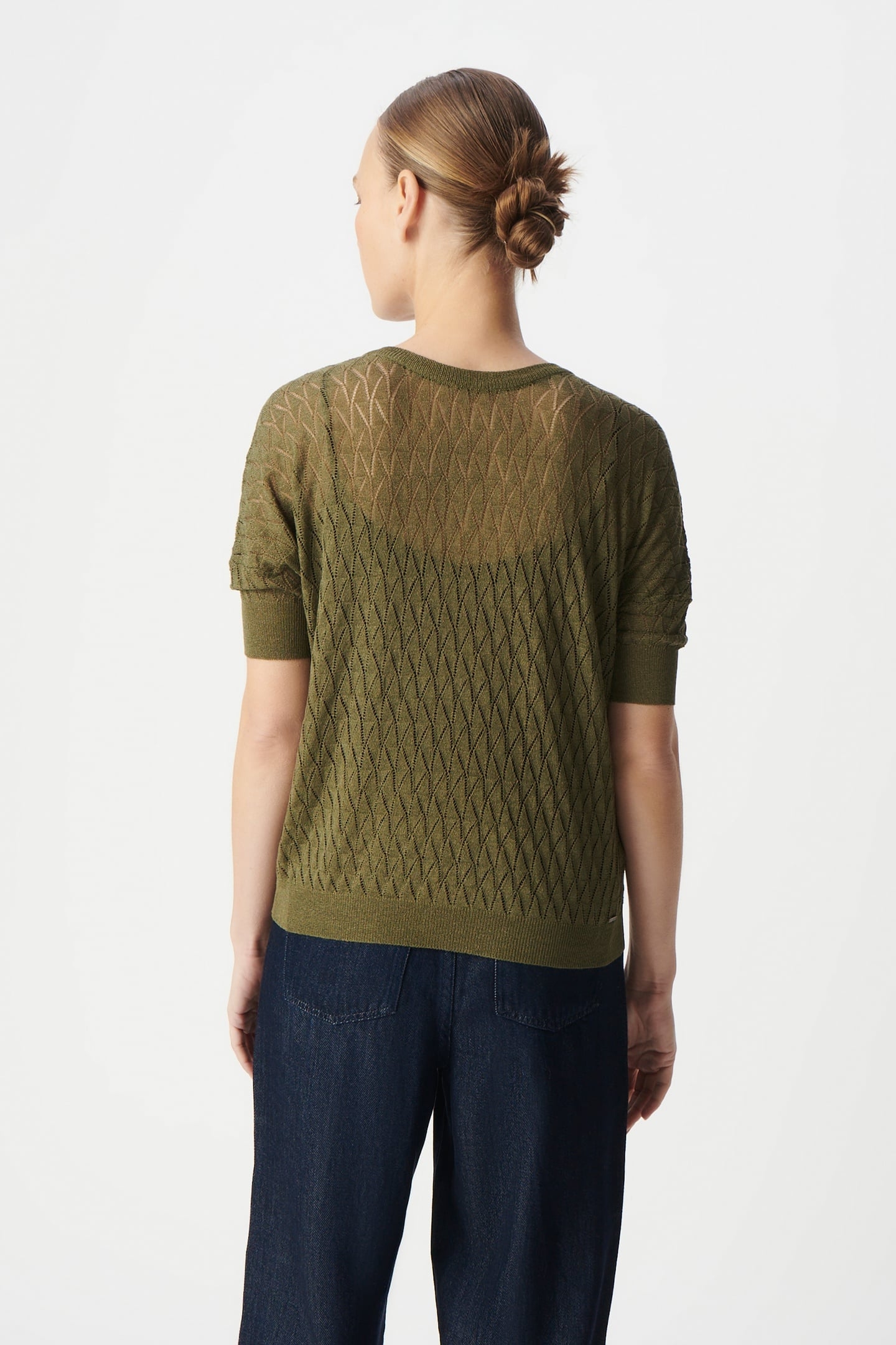 KHAKI KNITTED LUREX OPENWORK V-NECK SWEATER 5