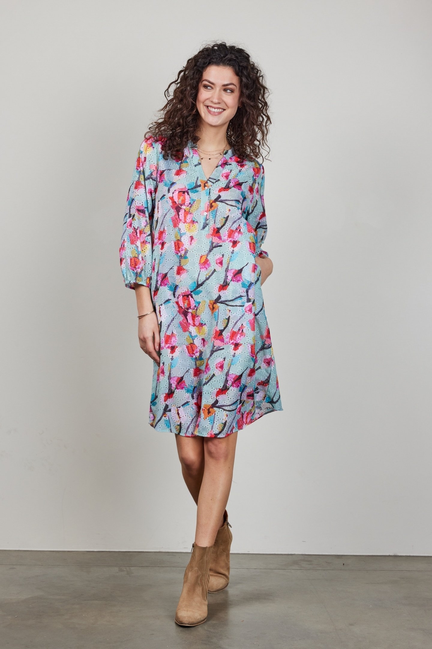 DRESS SYDNEY IN GREEN WITH PINK BLOSSOM PRINT 2