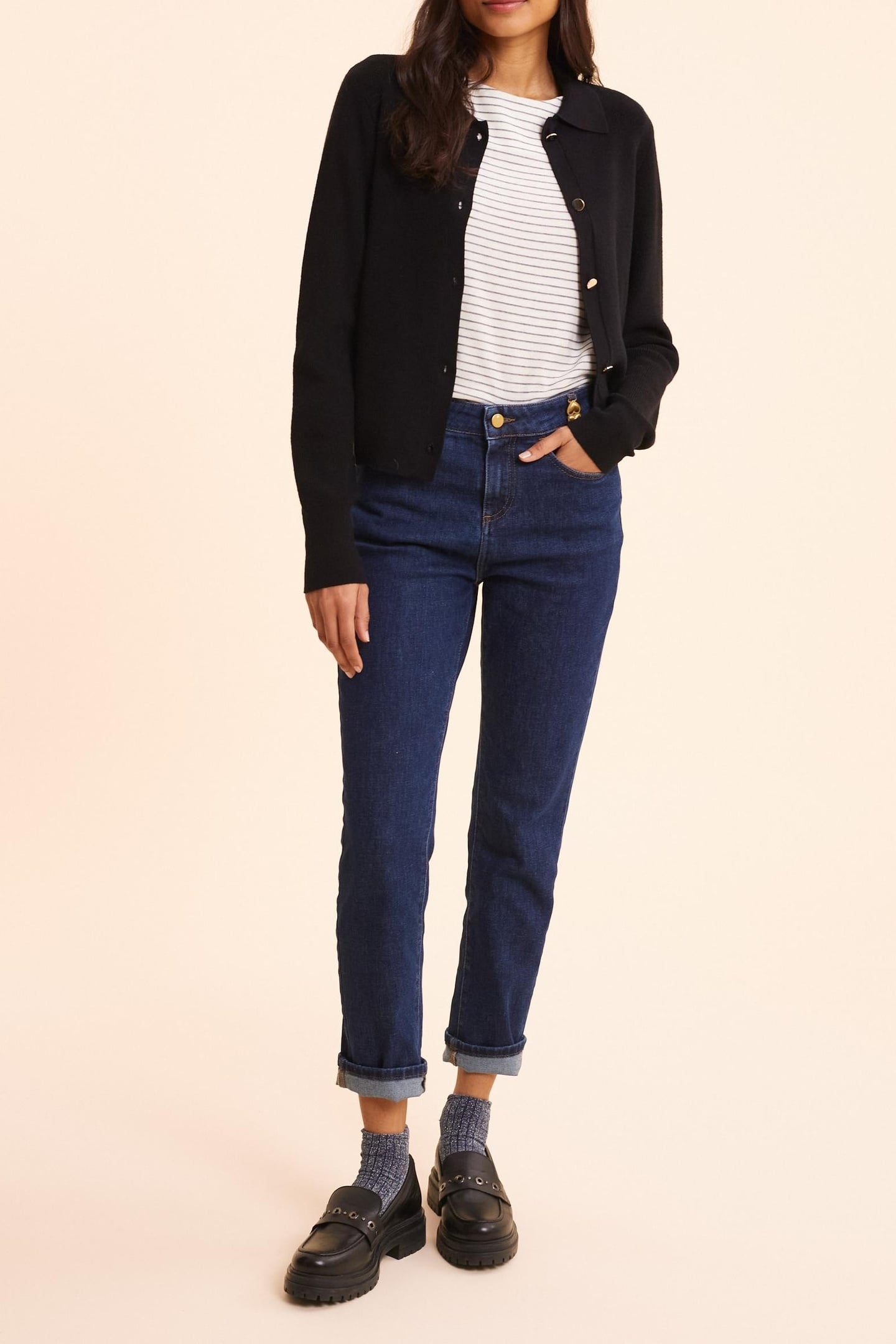 BLUE STRAIGHT JEANS WITH METAL DOUBLE HEART LOOPS DARK BLUE 2