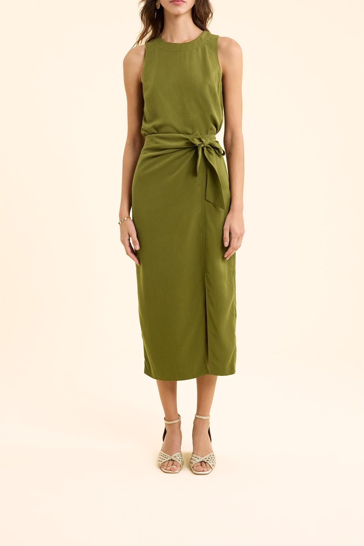 FLOWY KHAKI MIDI SKIRT WITH SIDE TIE KHAKI 3