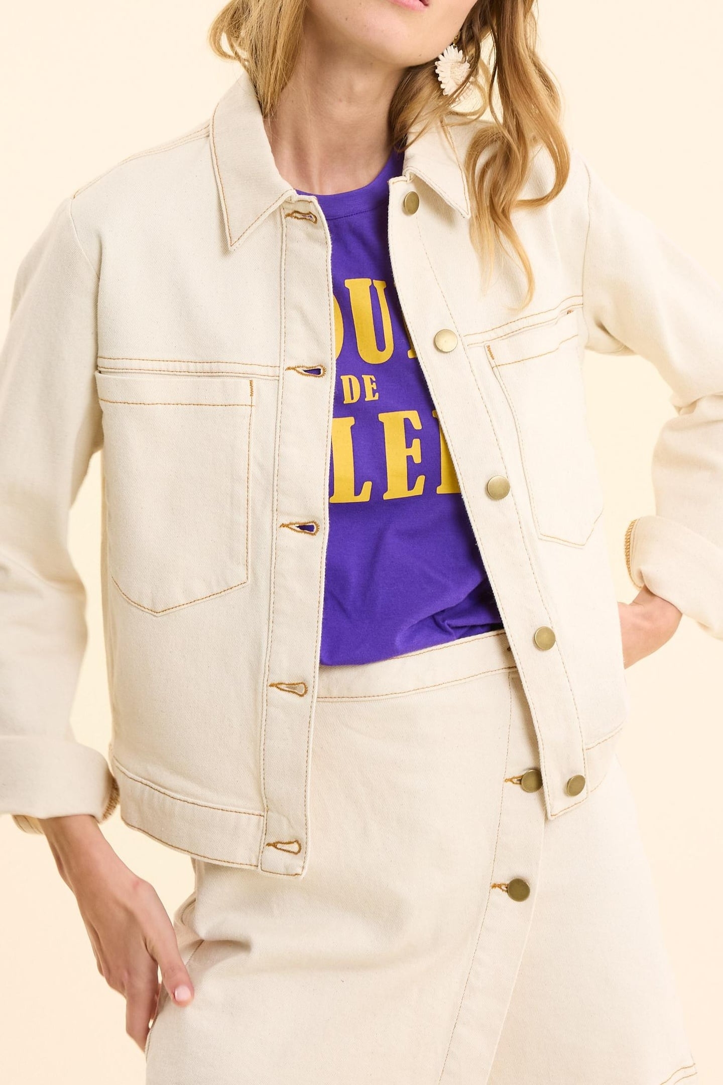 OFF-WHITE DENIM JACKET WITH OCHRE STITCHING ECRU 1