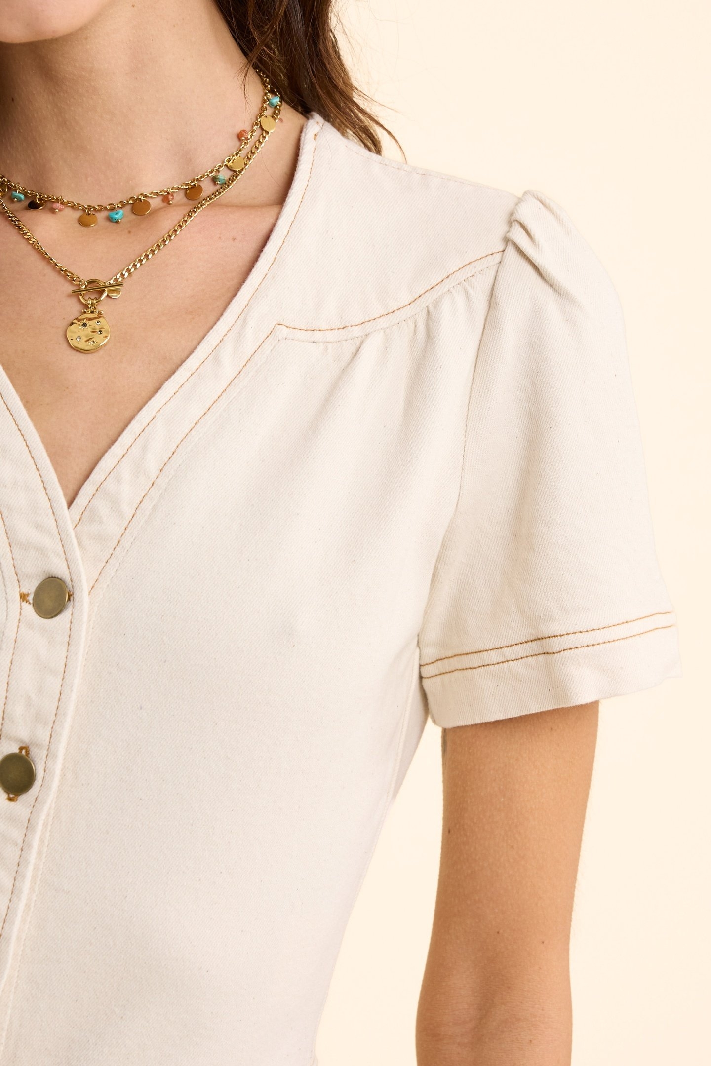 ECRU DENIM DRESS WITH OCHRE TOPSTITCHING ECRU 7