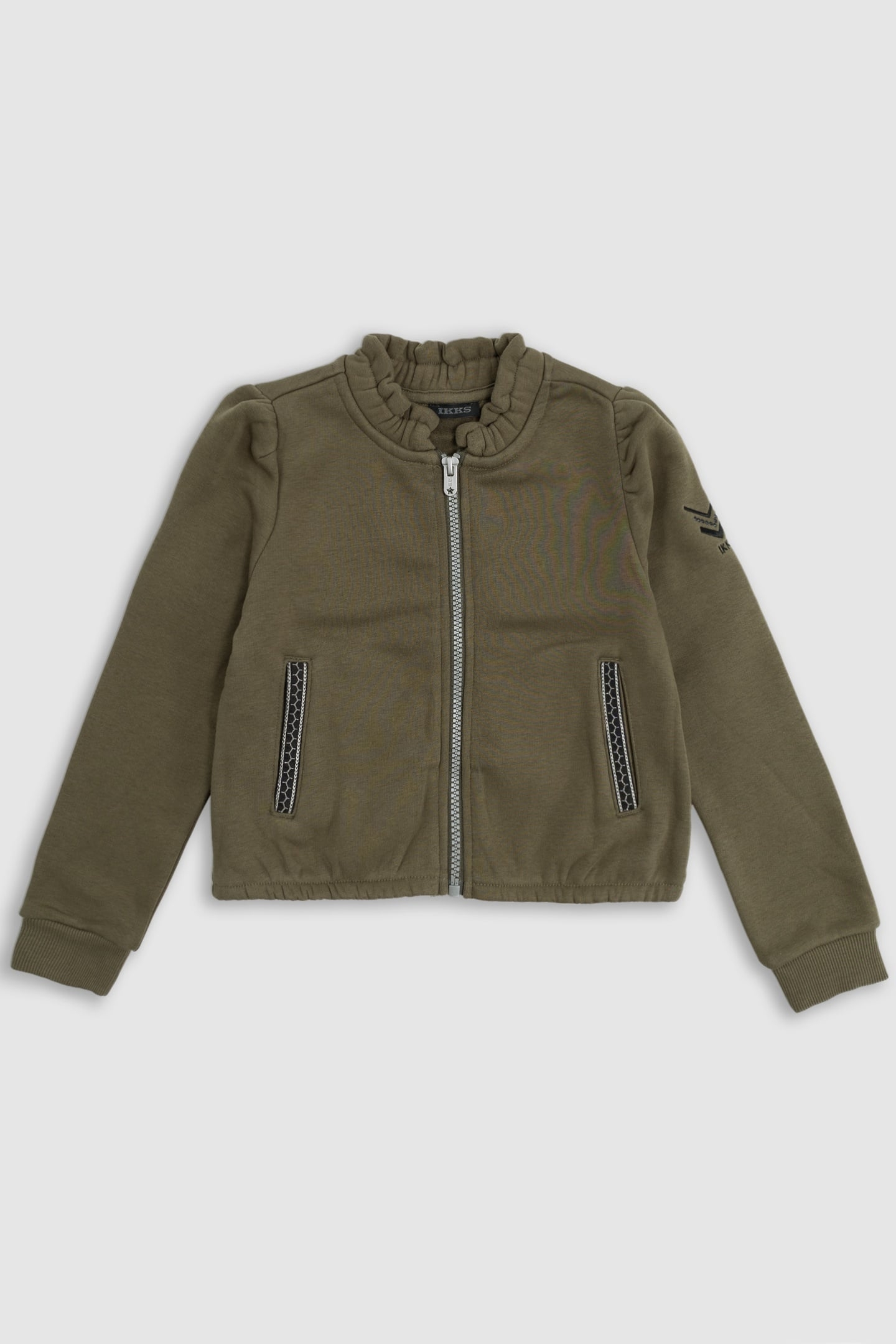 KHAKI CARDIGAN WITH FANCY BRAIDS ON GIRL'S POCKETS 1