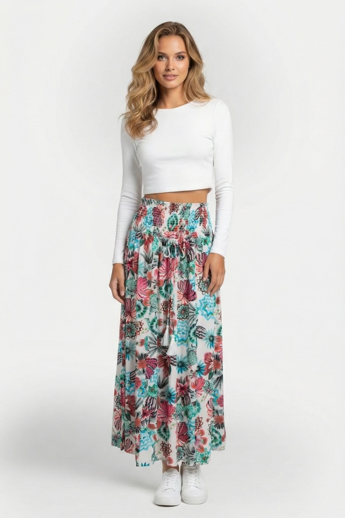 SMOCKED SKIRT MAGIC IN OFFWHITE WITH FLORAL MEDLEY PRINT 1