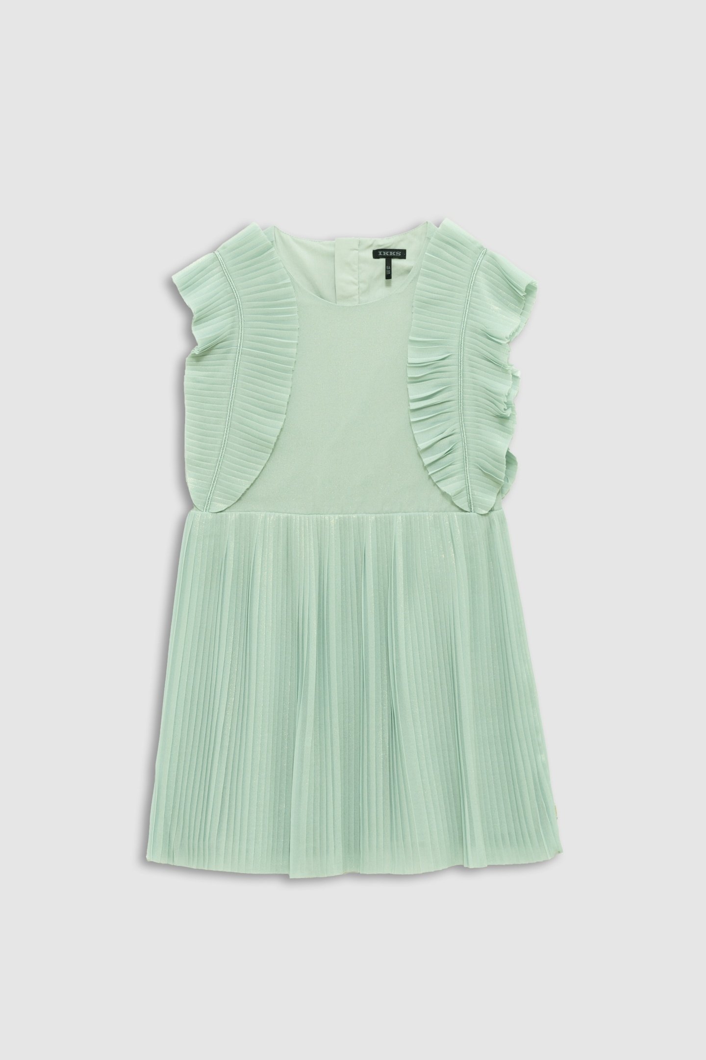 WATER-GREEN IRIDESCENT PLEATED RUFFLED DRESS 1