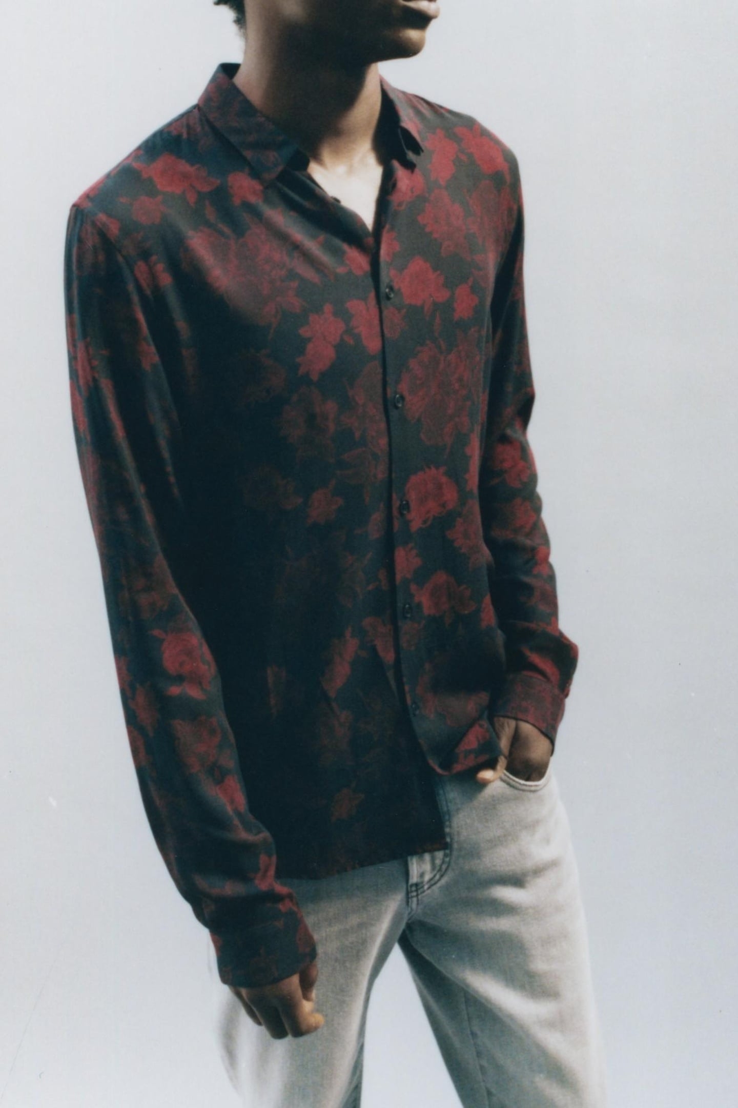 BLACK SLIM SHIRT WITH RED ROSE PRINT 1