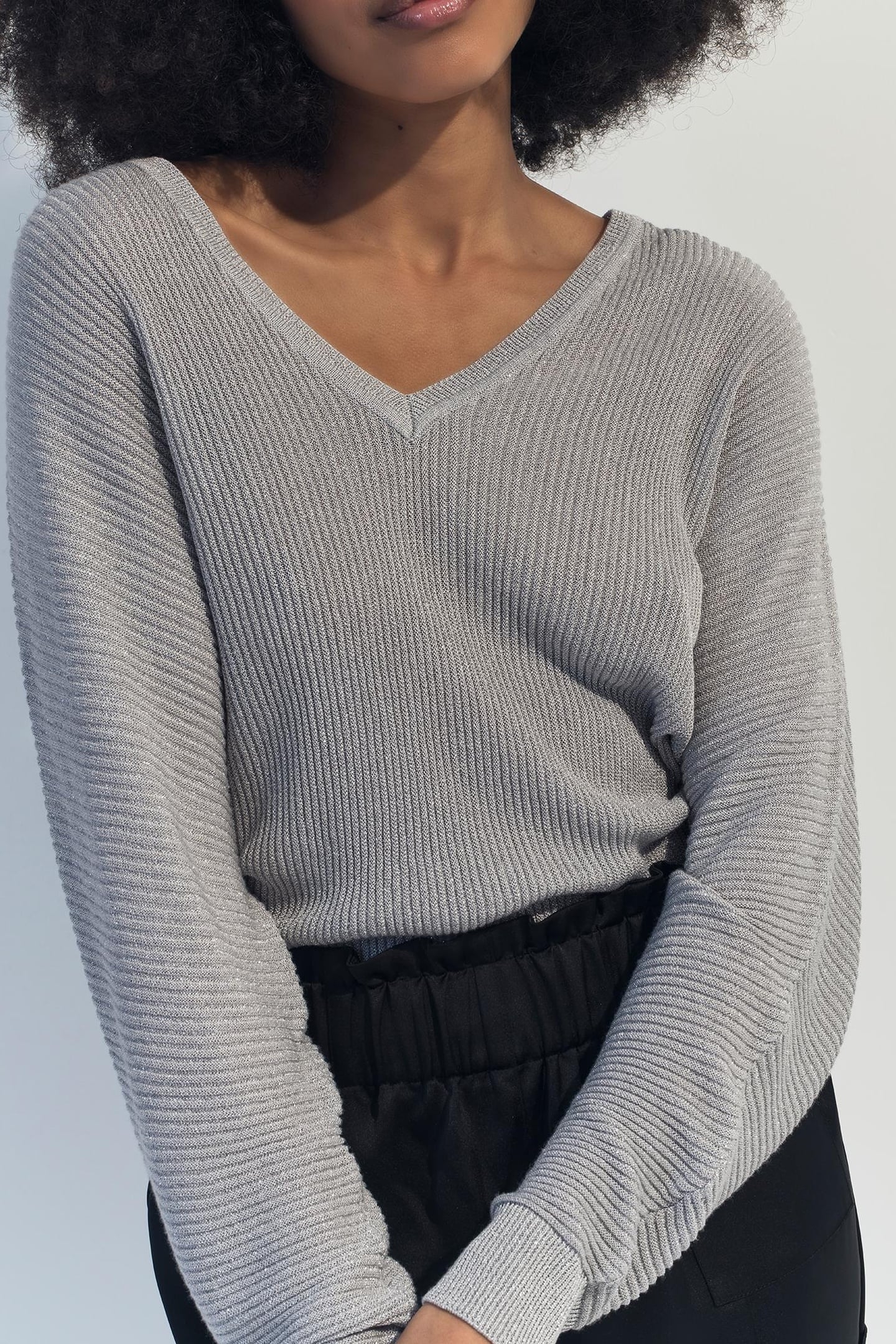 TONY - SILVER RIBBED KNIT SWEATER WITH BATWING SLEEVES 1