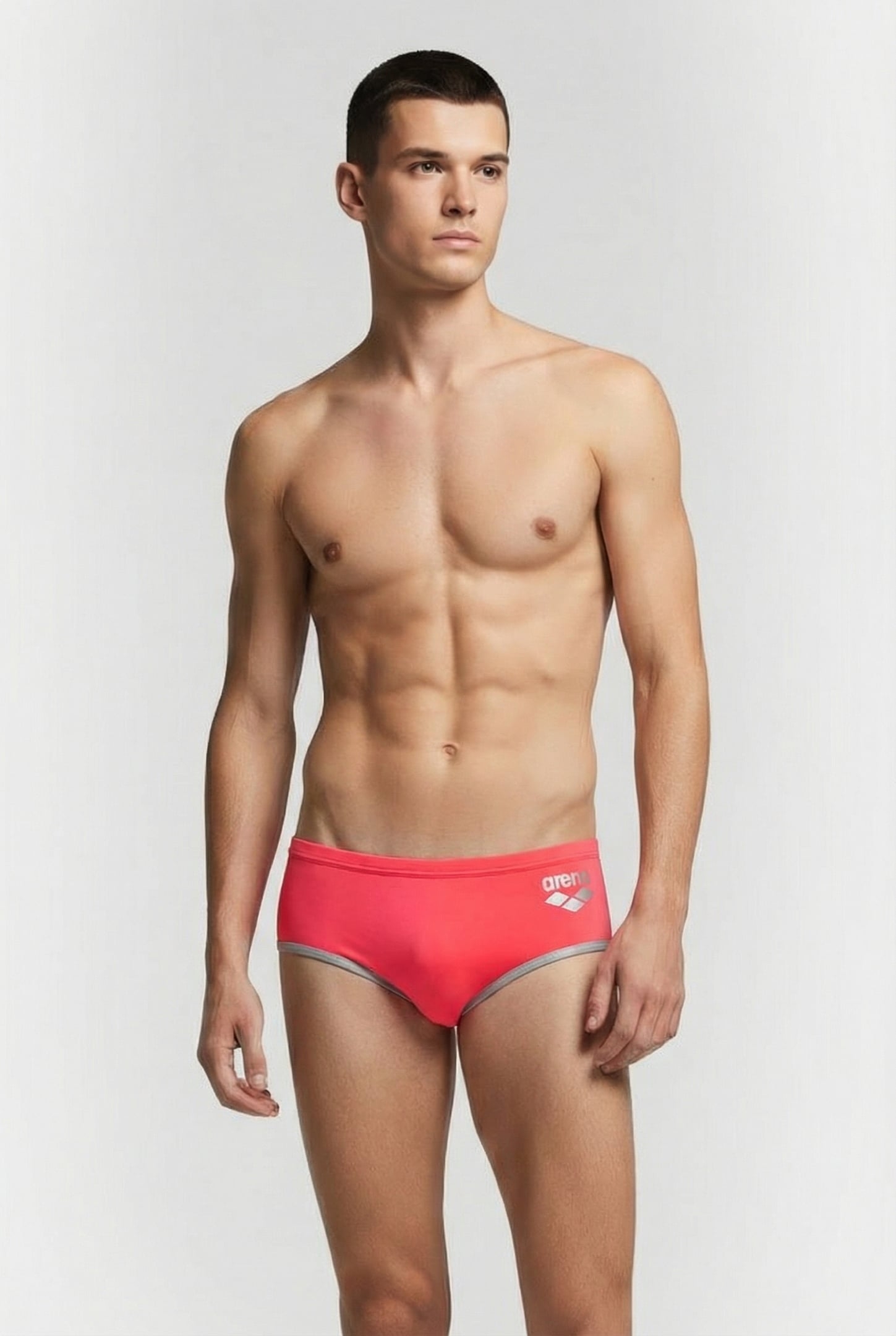 MEN'S ARENA ONE 12CM SWIM BRIEFS BIG LOG FLUO RED SILVER 1