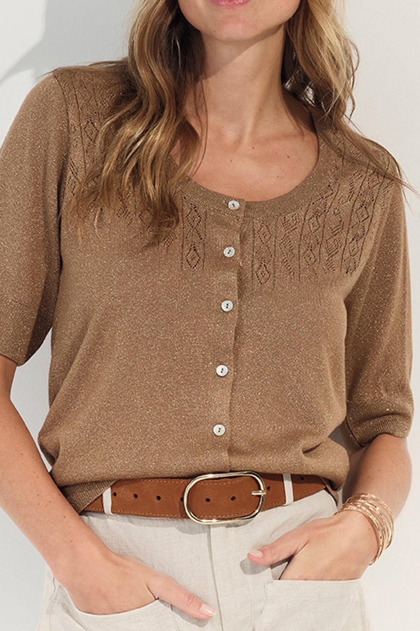 TERENOS - FANCY LUREX KNIT BROWN SHORT-SLEEVED CARDIGAN 1