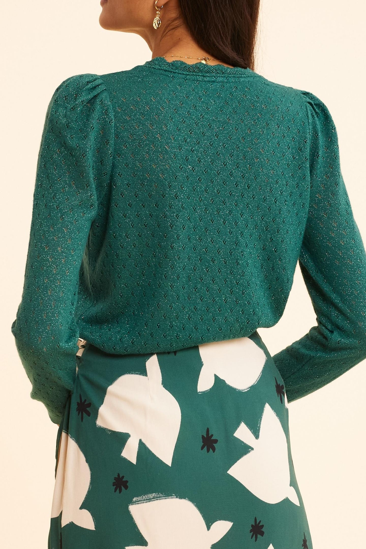 GREEN LUREX OPENWORK KNIT WRAP-NECK SWEATER GREEN 4