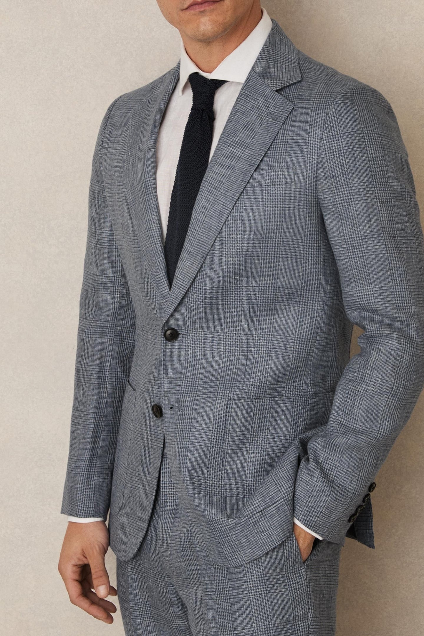 SB 2B NOTCH PRINCE OF WALES CHECK LINEN BLAZER SOFT BLUE 4