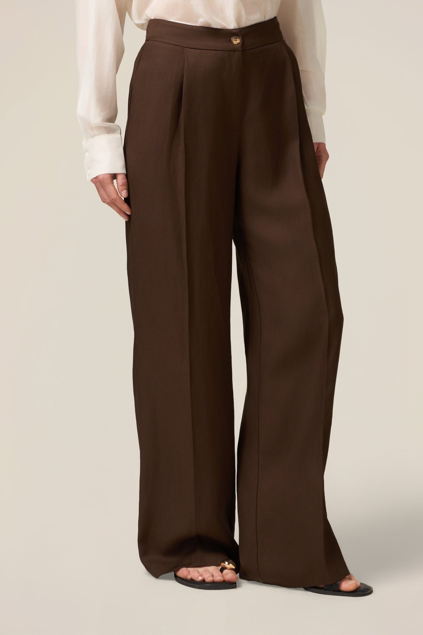 WIDE-LEG LINEN BLEND TROUSERS BROWN 1