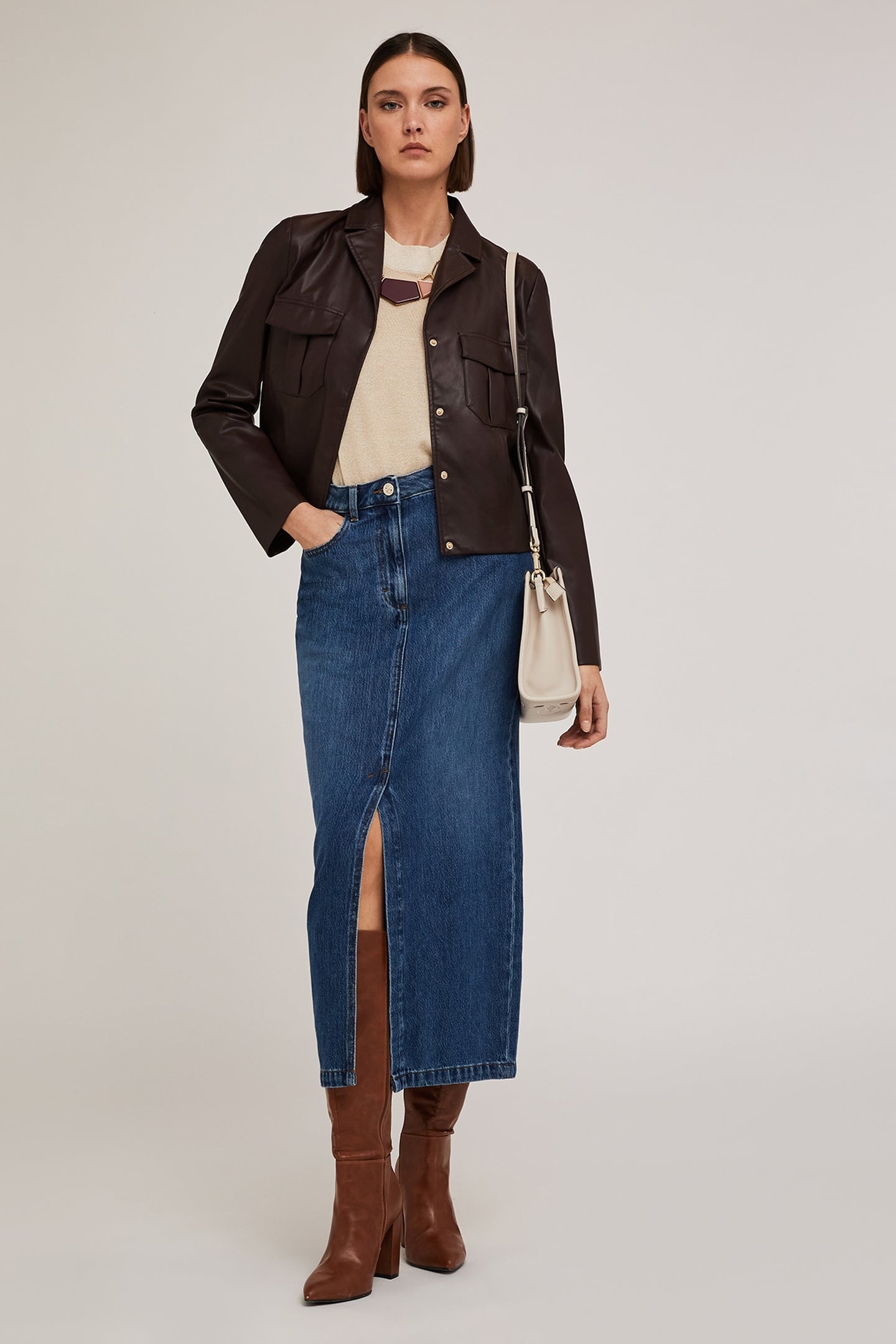 COATED FABRIC JACKET WITH BELT BROWN 3