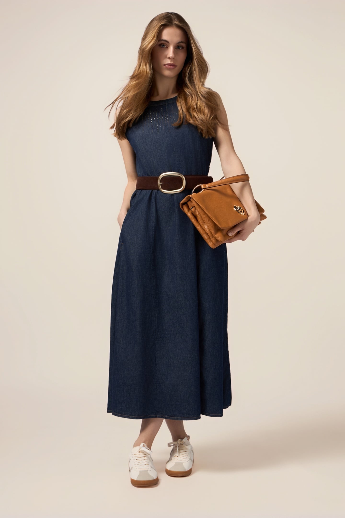 LONG DENIM DRESS WITH MICRO CRYSTALS BLUE 1