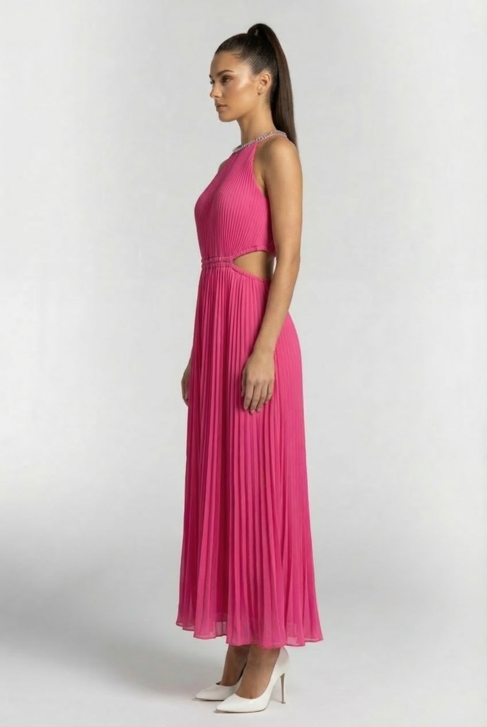 PLEATED CUTOUT DRESS CERISE 3