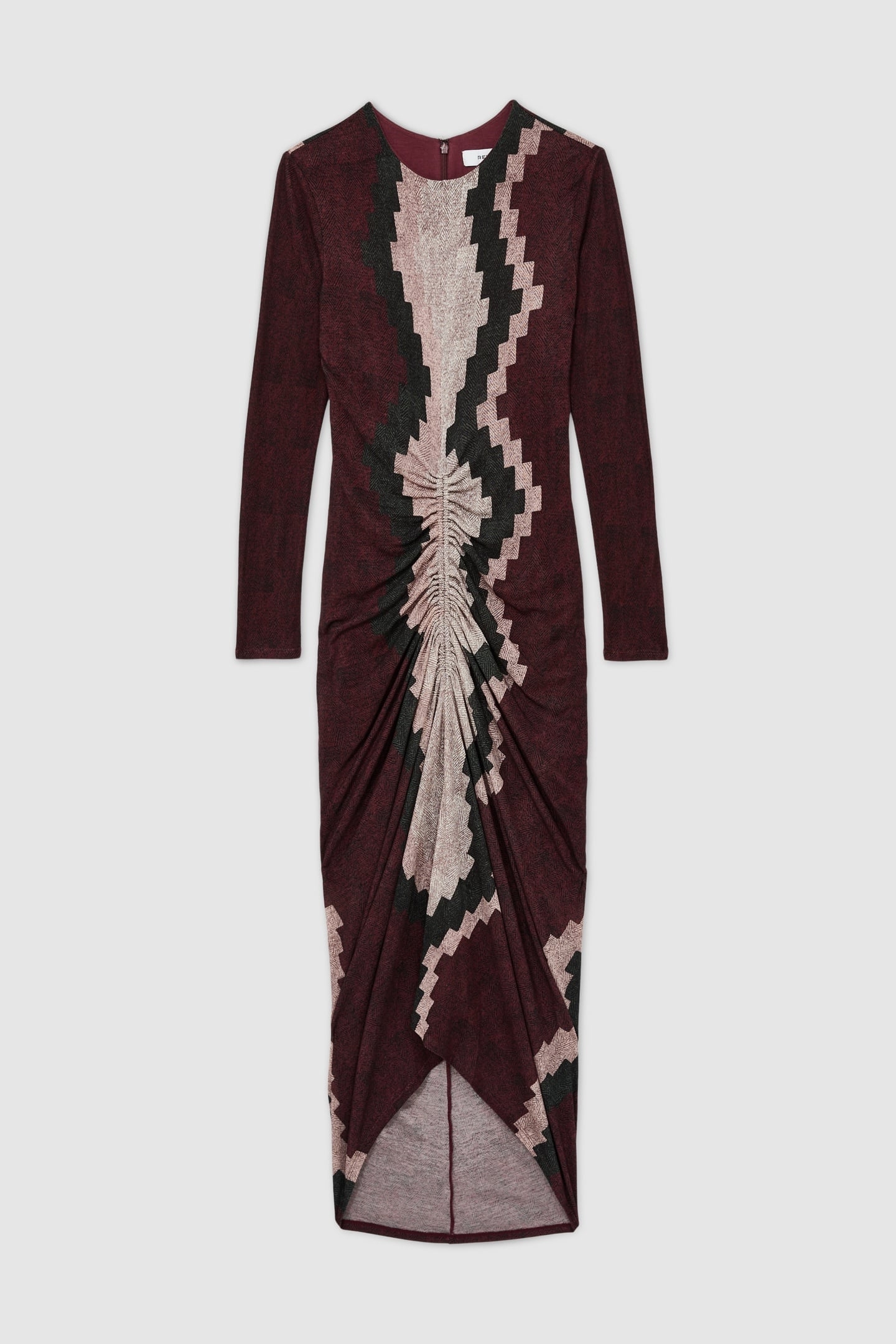 PRINTED RUCHED JERSEY DRESS BURGUNDY 4