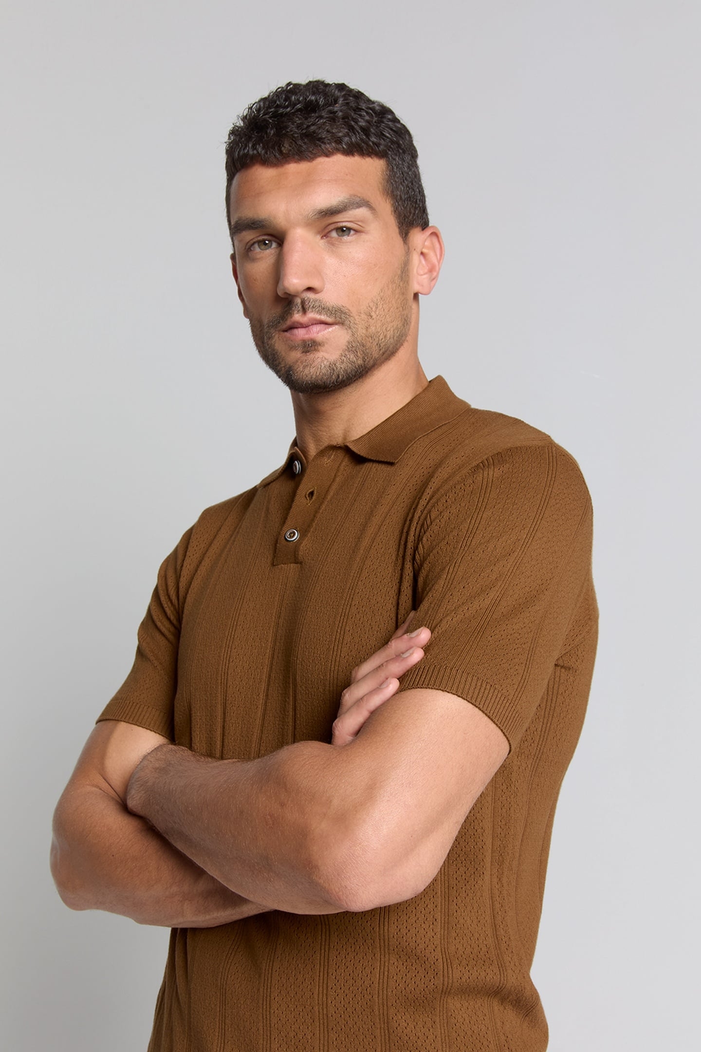 PULLOVER SHORT SLEEVE POLO BUTTON SOLID JACQUARD CAMEL 4