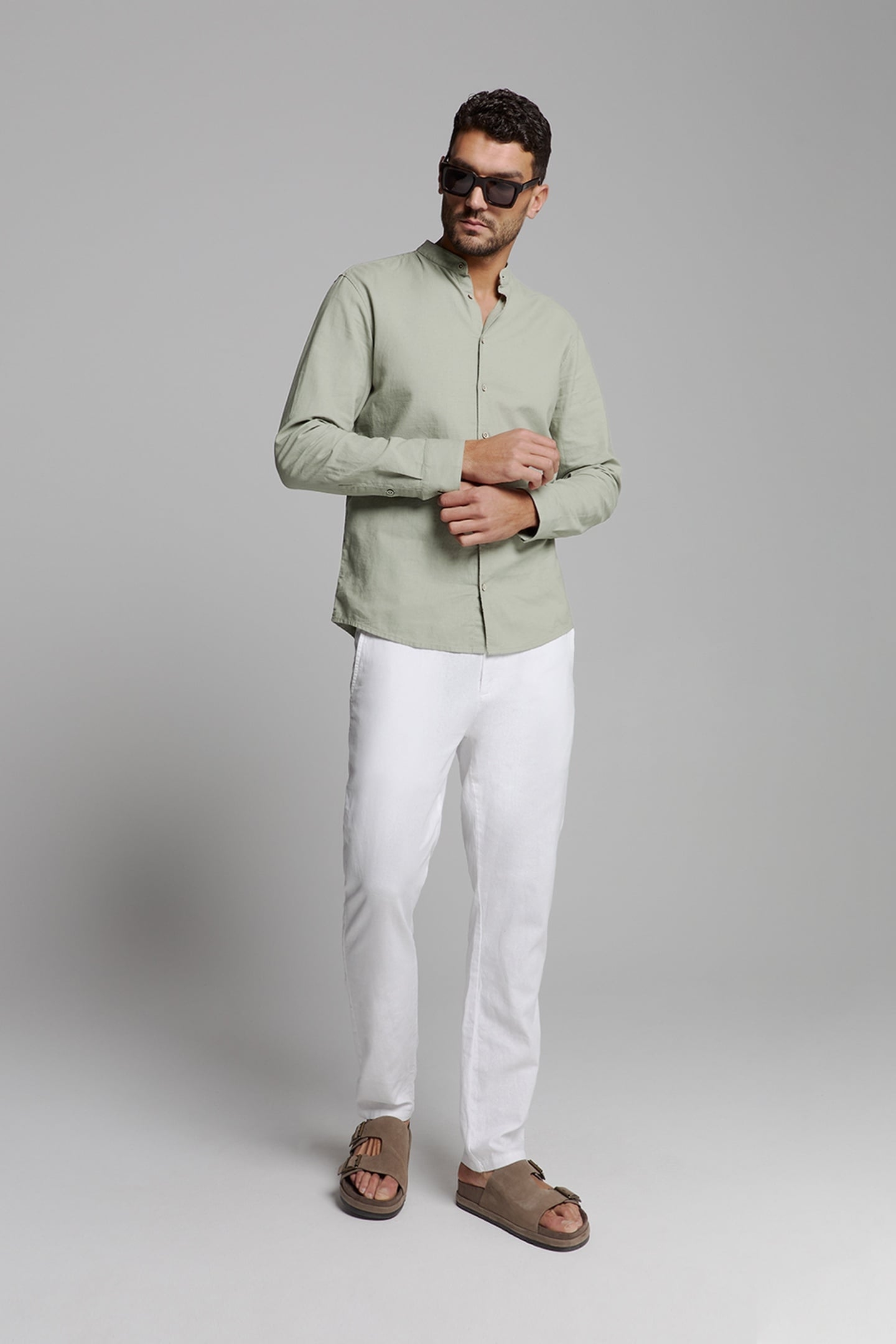 SHIRT GRANDDAD SOLID WITH LINEN LIGHT ARMY 2