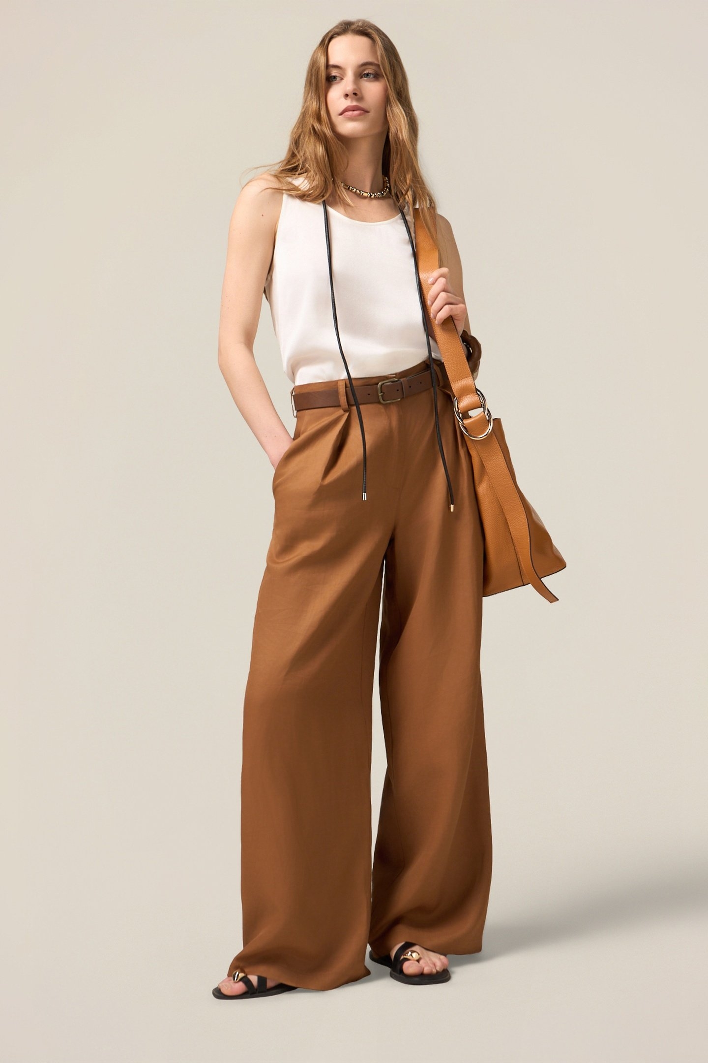 WIDE-LEG LINEN BLEND TROUSERS BROWN 2