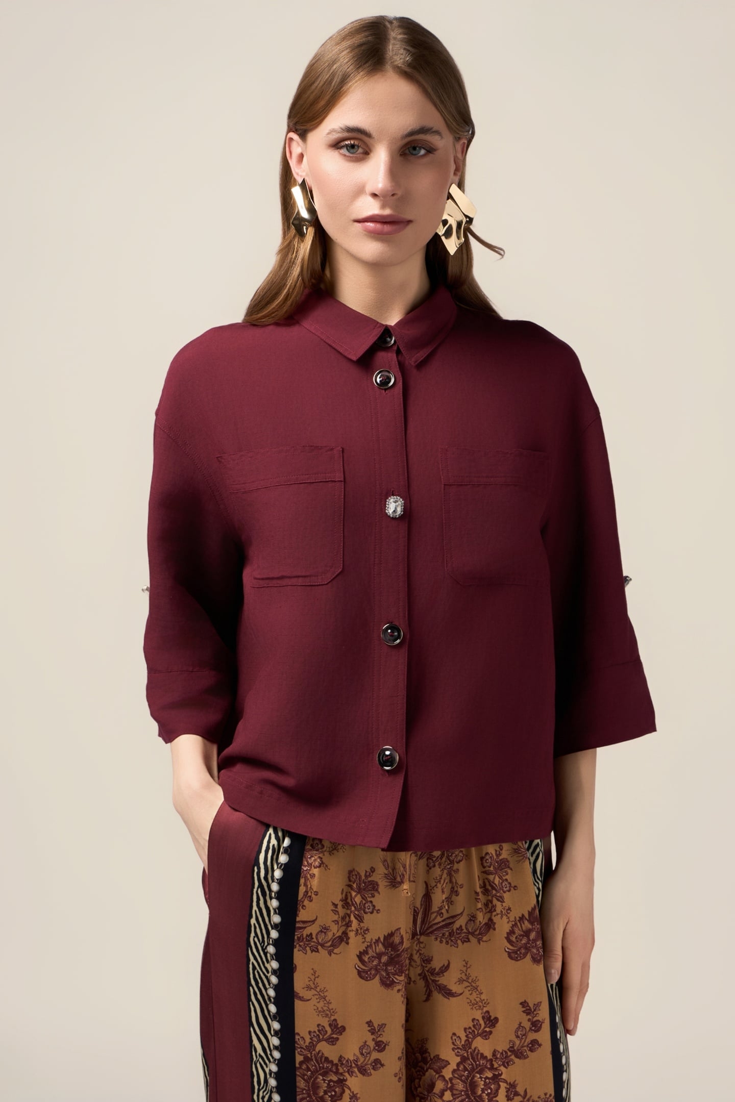 BOXY LINEN BLEND JACKET BURGUNDY 1
