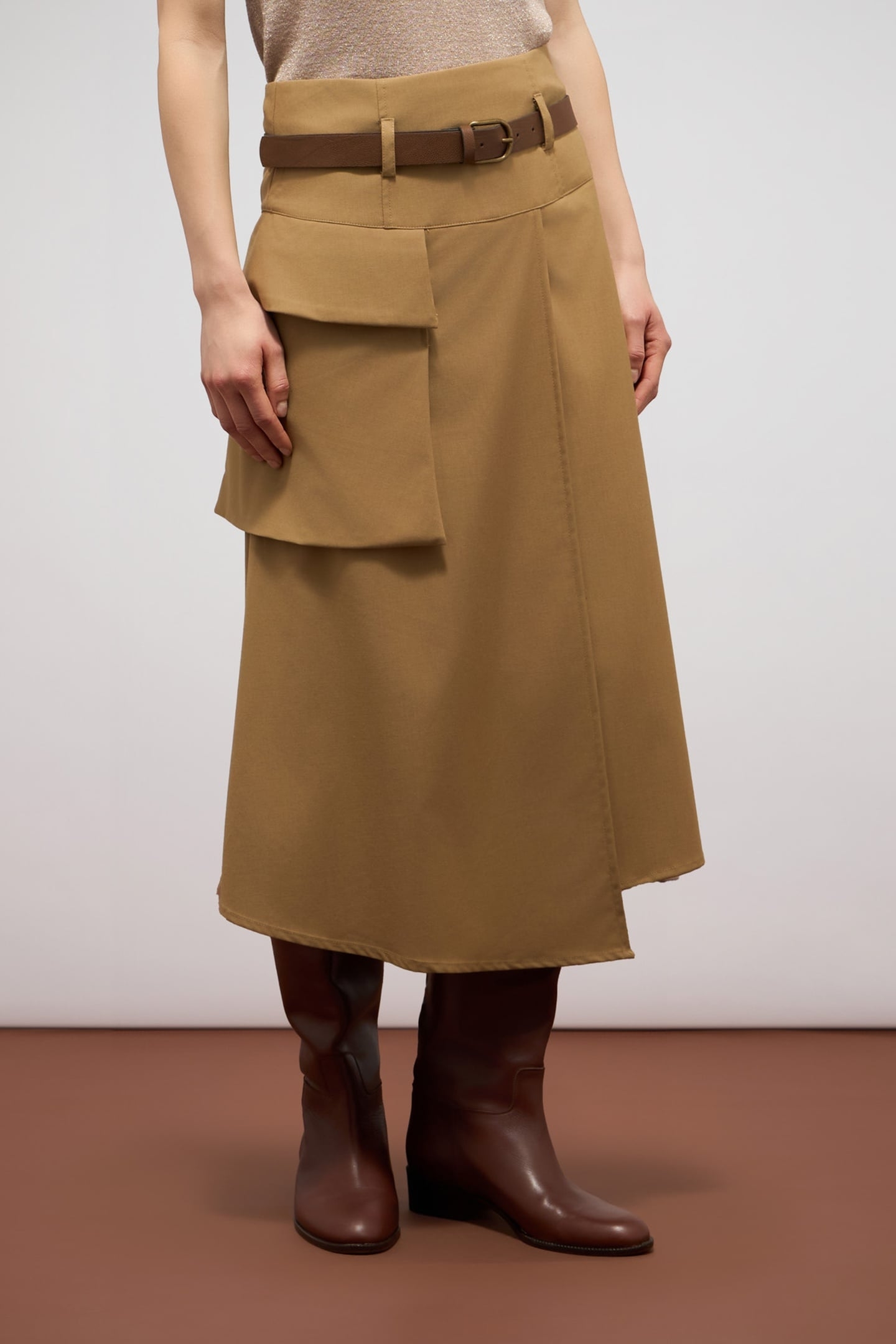 FLUID MIDI A-LINE SKIRT WITH PANEL BROWN 2