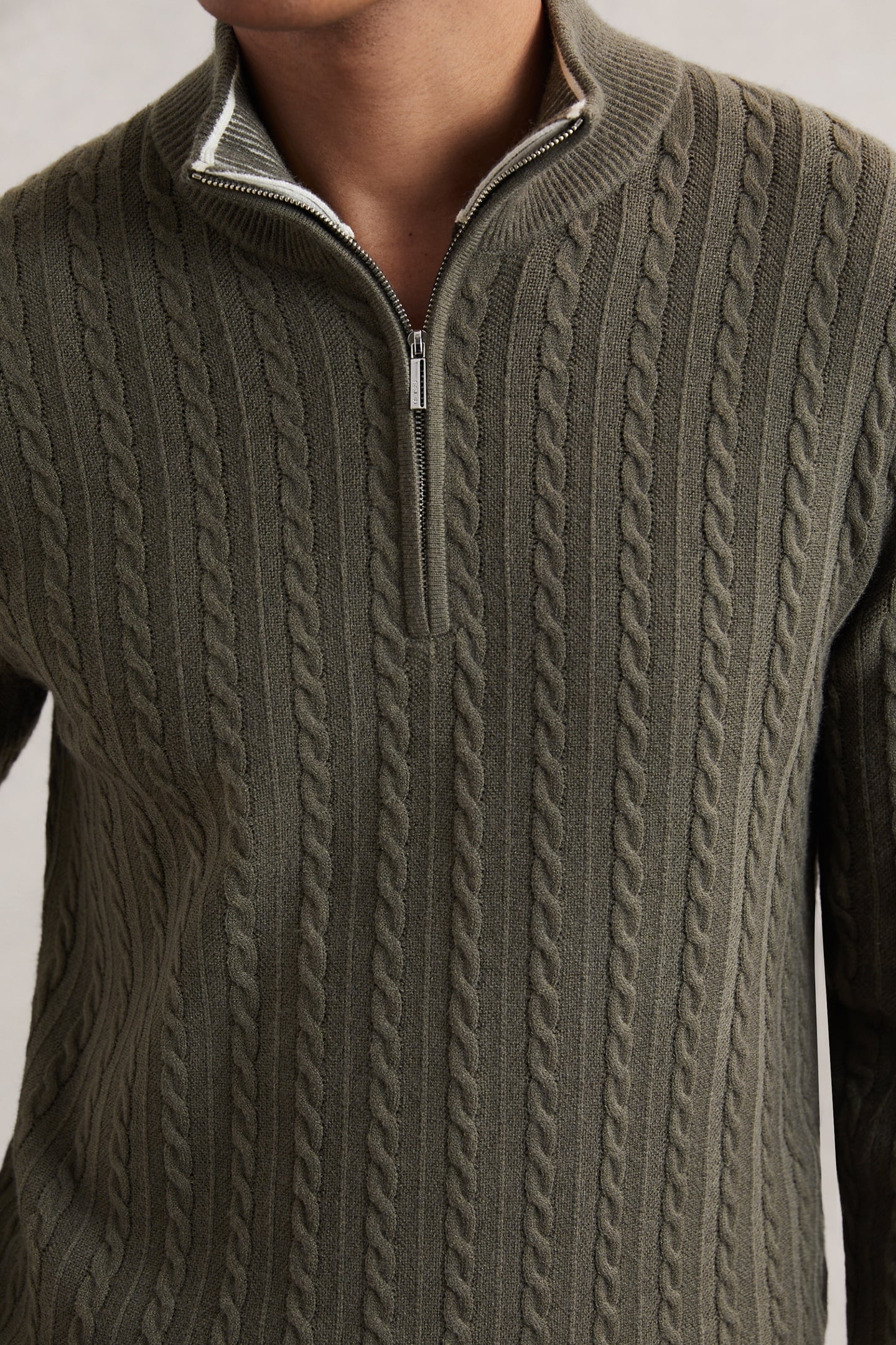 LS HALF ZIP FUNNEL NECK TIPPED CUFF CABLE JUMPER KHAKI GREEN 5