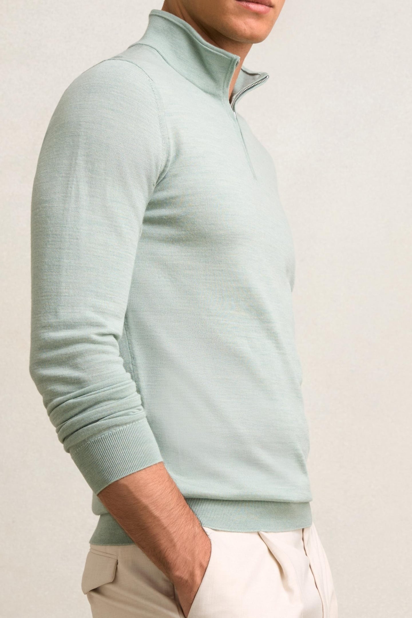 LS HALF ZIP FUNNEL MERINO WOOL JUMPER SAGE GREEN MELANGE 3
