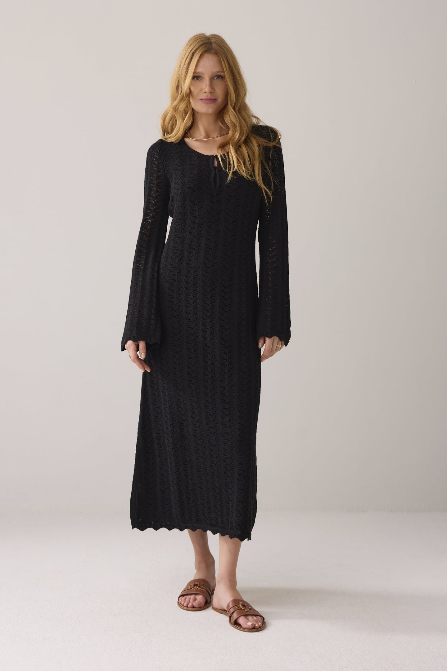 LONG DRESS COTTON AJOUR KNIT BLACK 1