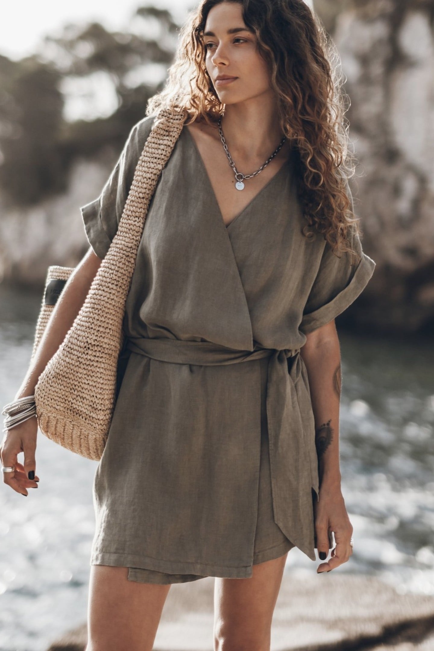 THE KHAKI LINEN KIMONO DRESS KHAKI 2