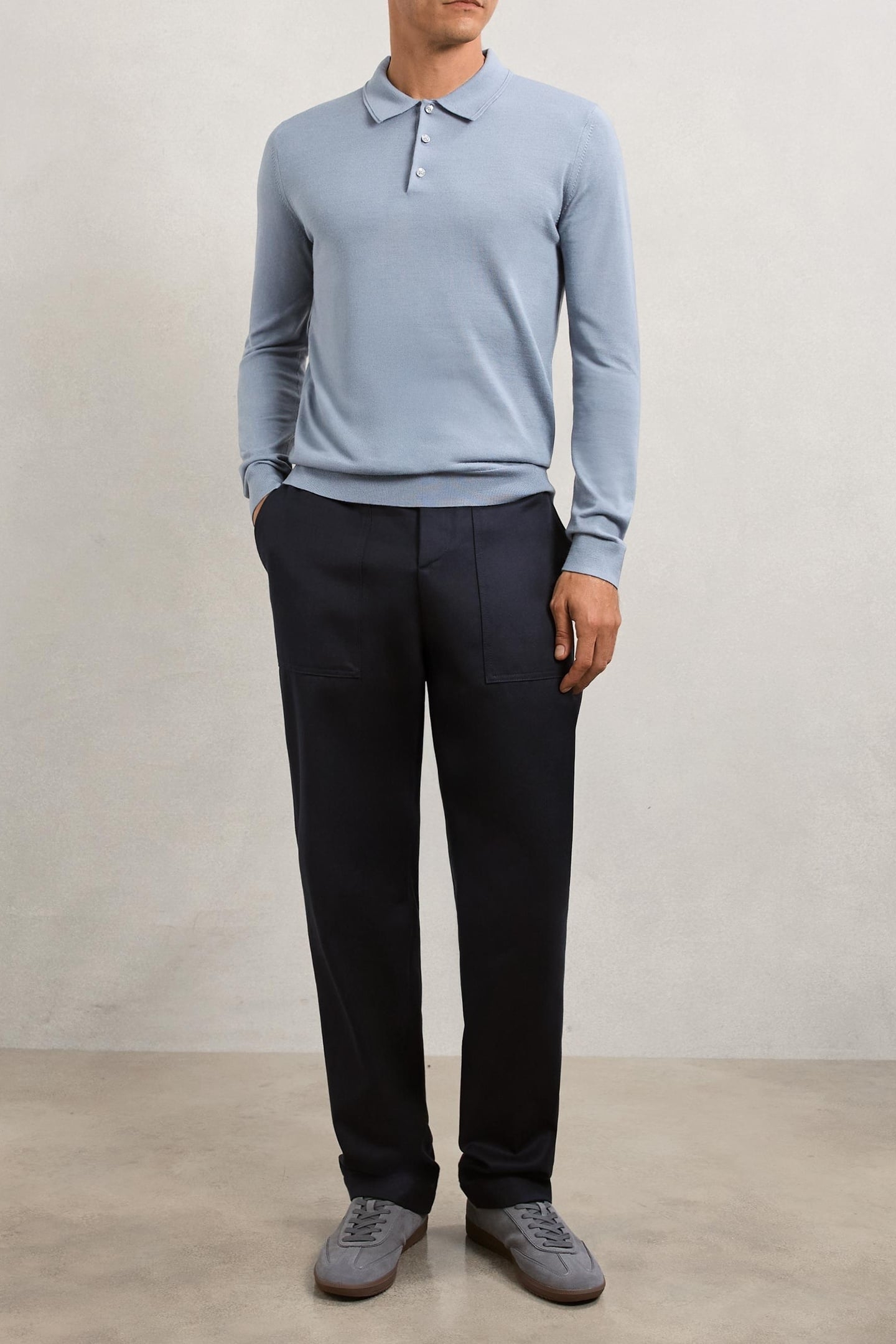 LS HALF BUTTON MERINO WOOL POLO STEEL BLUE 1