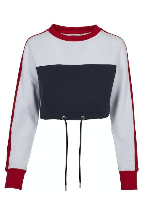 LADIES CROPPED 3-TONE STRIPE CREW NAVY/WHITE/FIRE RED 1