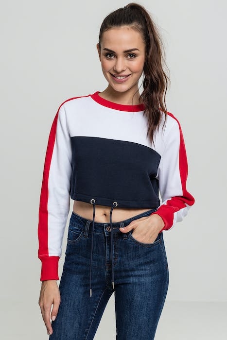 LADIES CROPPED 3-TONE STRIPE CREW NAVY/WHITE/FIRE RED 2