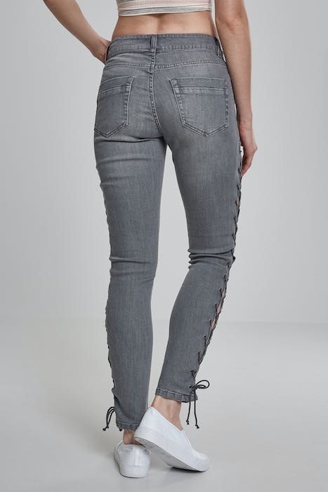 LADIES DENIM LACE UP SKINNY PANTS GREY 2
