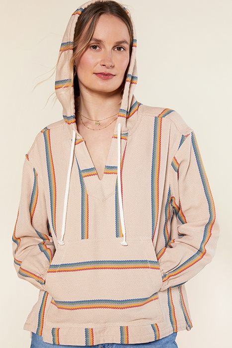 WOMENS BLANKET BAJA PULLOVER WHEAT RAINBOW STRIPE 1